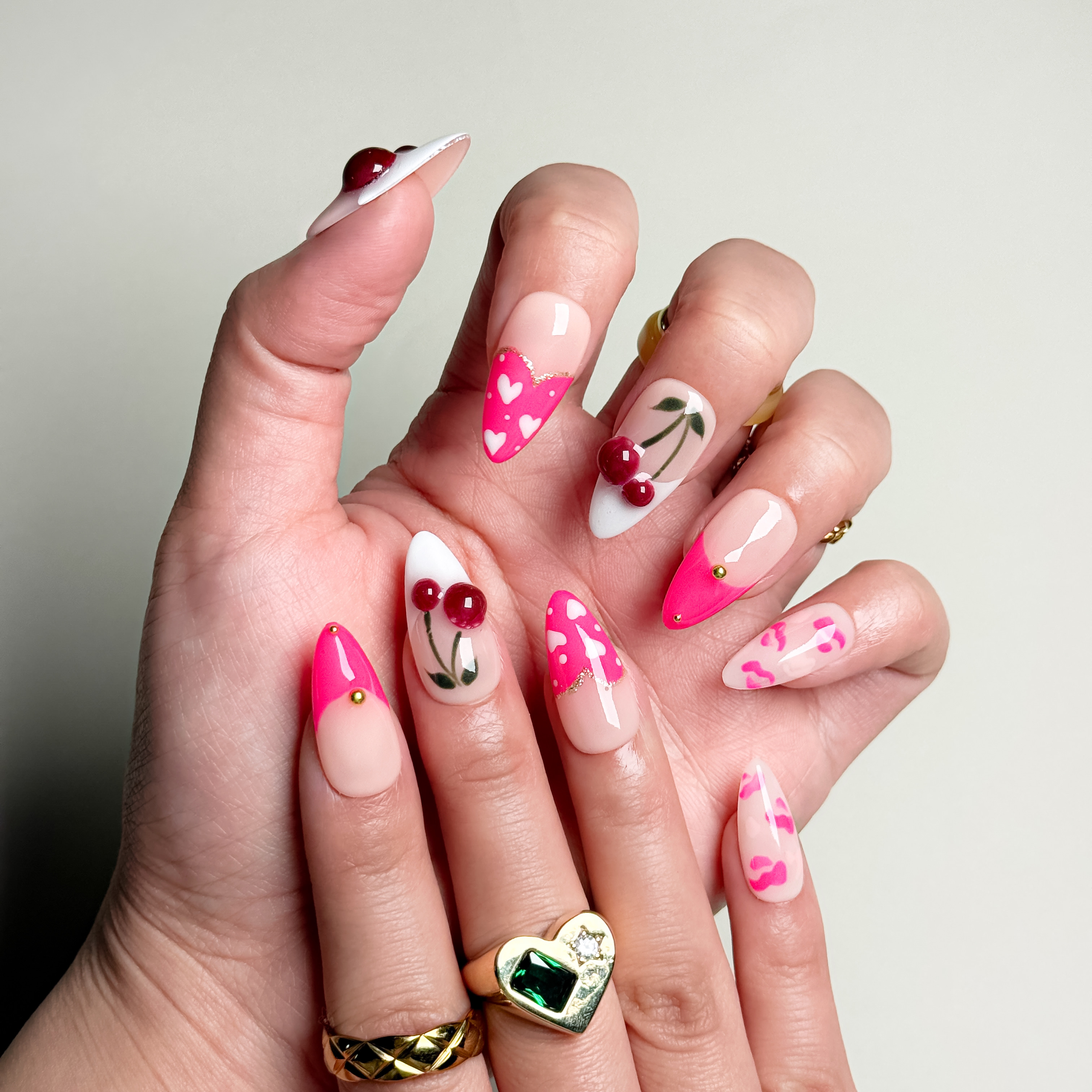 Handmade Press-On Nails – Nailfairy Pink Cherry Red Lips with French Tip & Heart Design – Custom-Made, Reusable with Free Application Kit Included