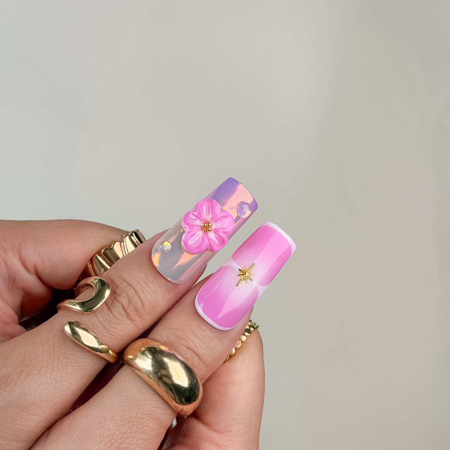 Nail Fairy Handmade Press on Nail- Nailfairy Adorable Hand - Made Press - On Nails: Pink Flower Golden Glow Nail Polish