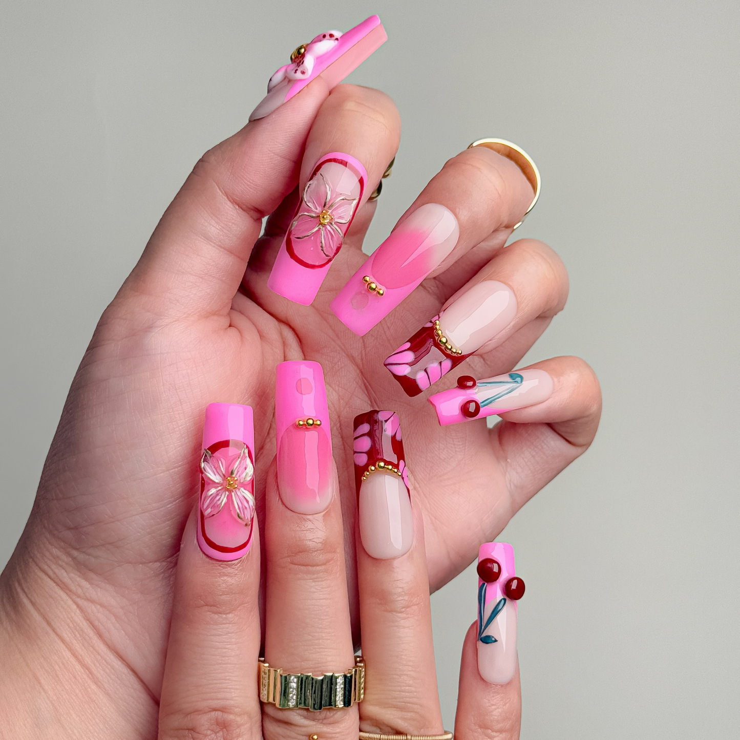 Handmade Press-On Nails – Nailfairy Square Shape Sparkling Galaxy Pink Gradient Design, Reusable with Free Application Kit Included