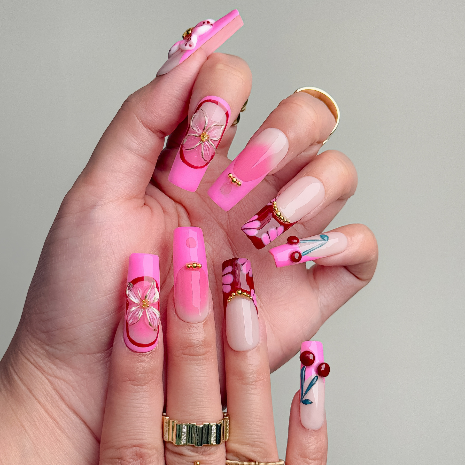 Handmade Press-On Nails – Nailfairy Square Shape Sparkling Galaxy Pink Gradient Design, Reusable with Free Application Kit Included