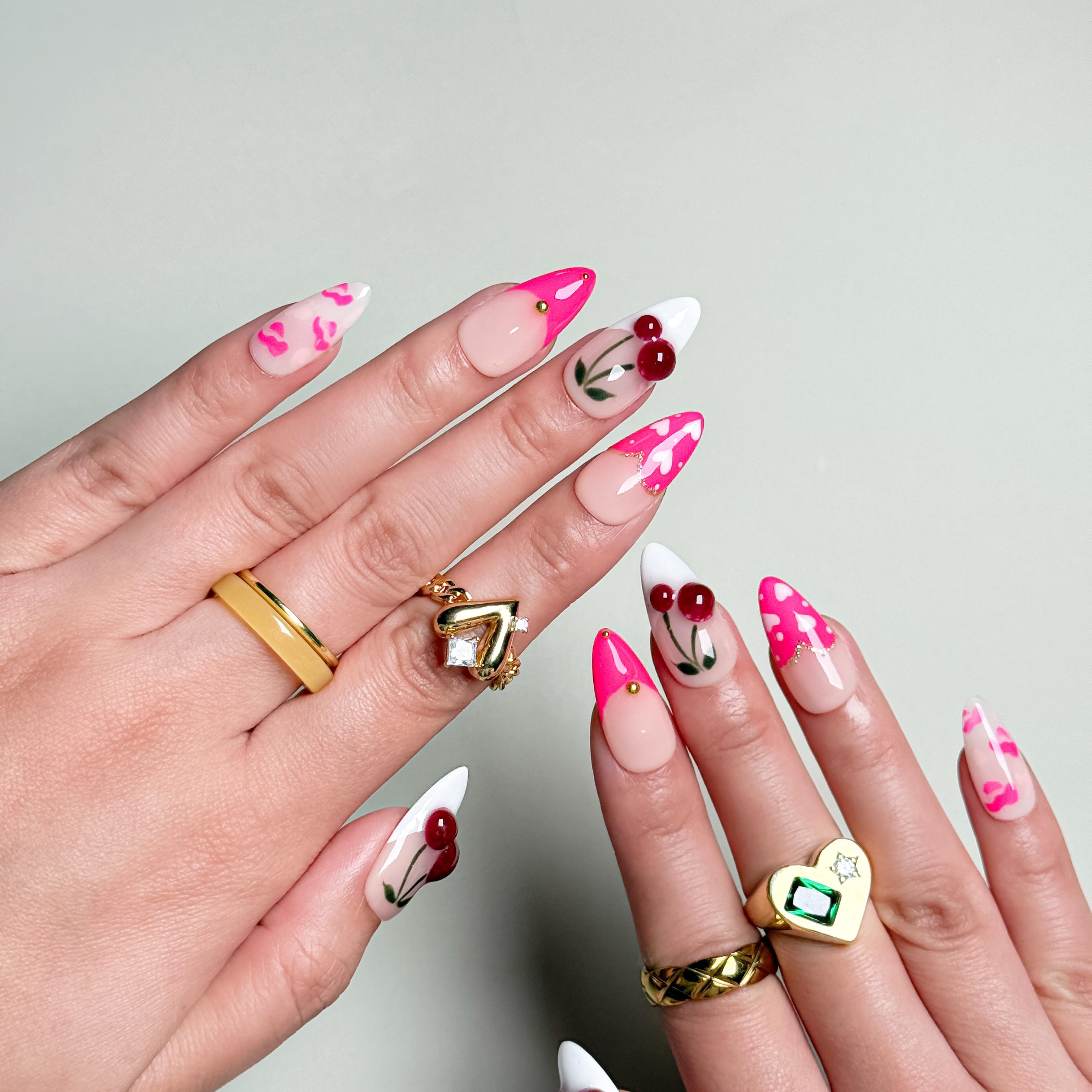 Handmade Press-On Nails – Nailfairy Pink Cherry Red Lips with French Tip & Heart Design – Custom-Made, Reusable with Free Application Kit Included