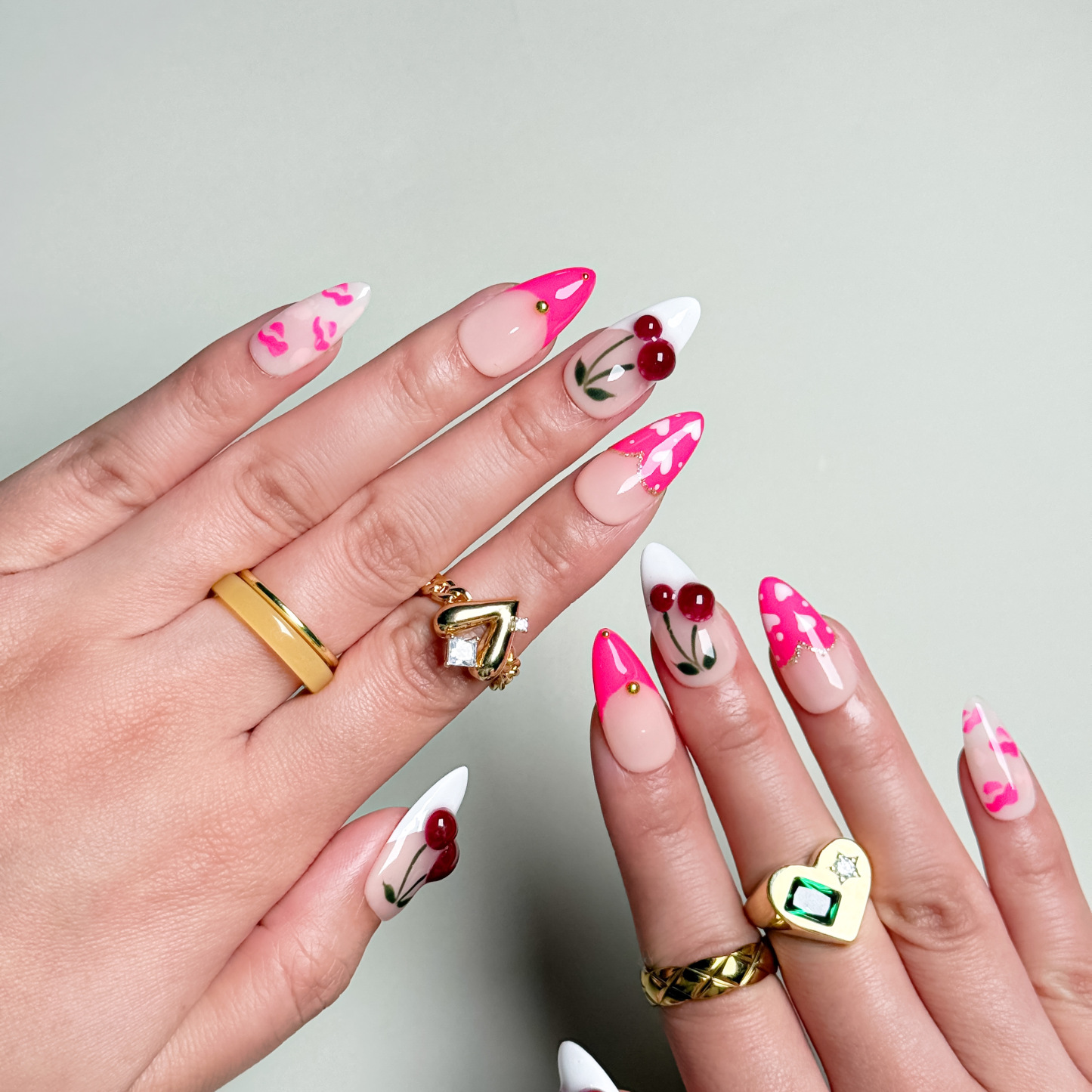 Handmade Press-On Nails – Nailfairy Pink Cherry Red Lips with French Tip & Heart Design – Custom-Made, Reusable with Free Application Kit Included