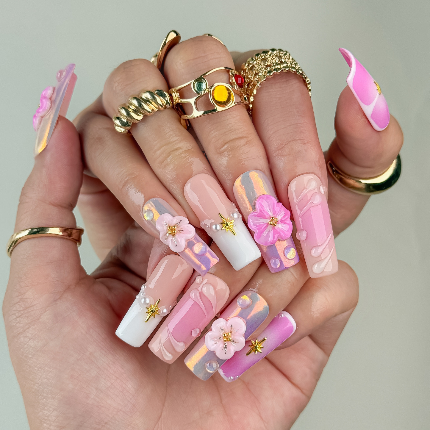 Nail Fairy Handmade Press on Nail- Nailfairy Adorable Hand - Made Press - On Nails: Pink Flower Golden Glow Nail Polish