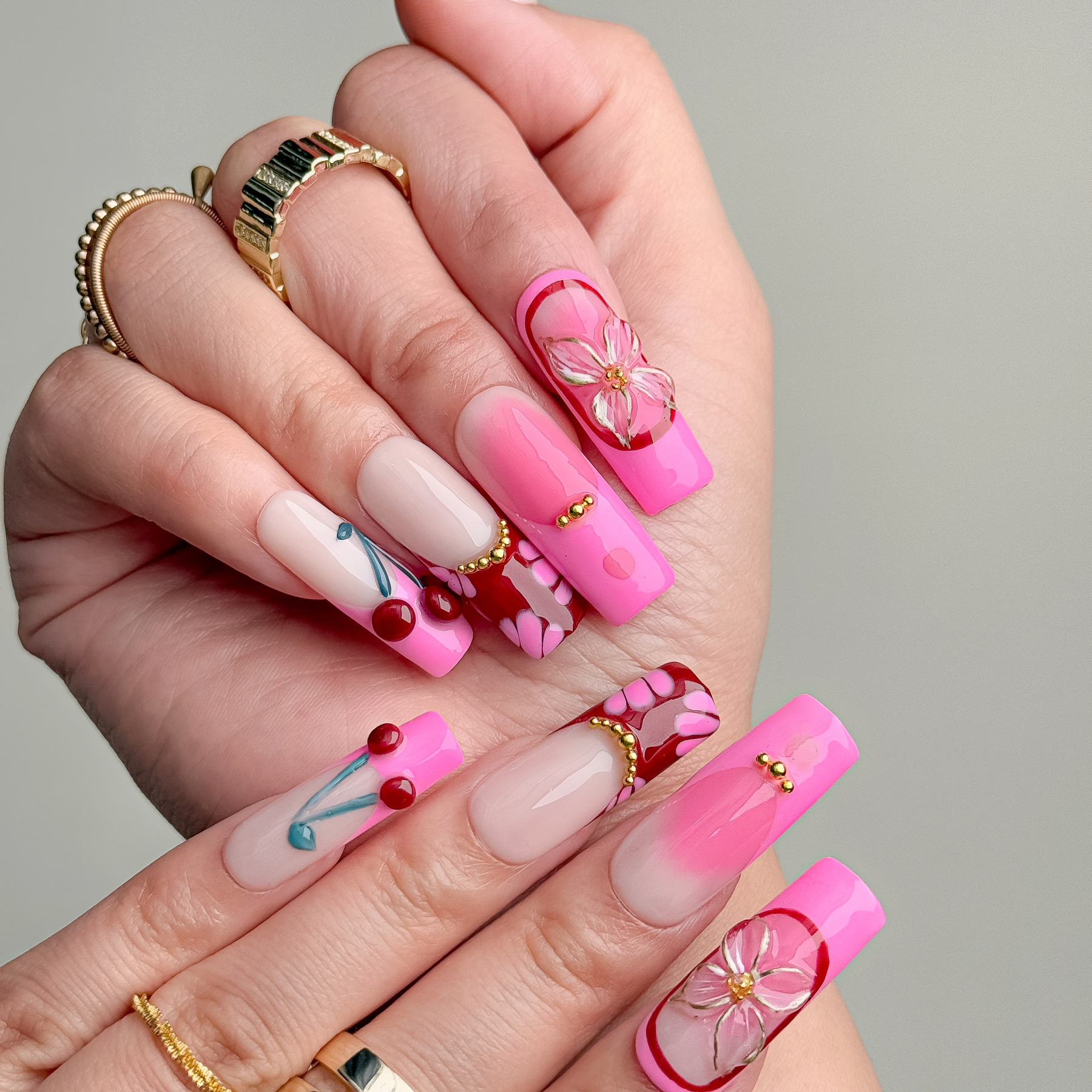 Handmade Press-On Nails – Nailfairy Square Shape Sparkling Galaxy Pink Gradient Design, Reusable with Free Application Kit Included