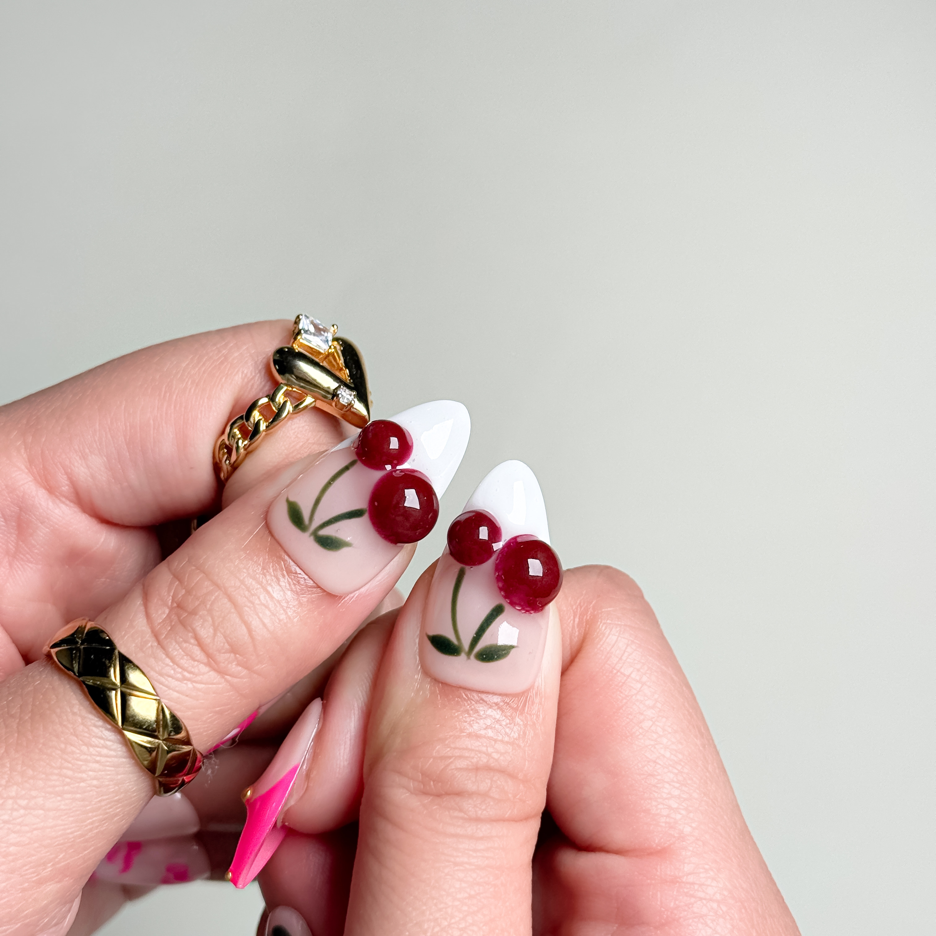 Handmade Press-On Nails – Nailfairy Pink Cherry Red Lips with French Tip & Heart Design – Custom-Made, Reusable with Free Application Kit Included