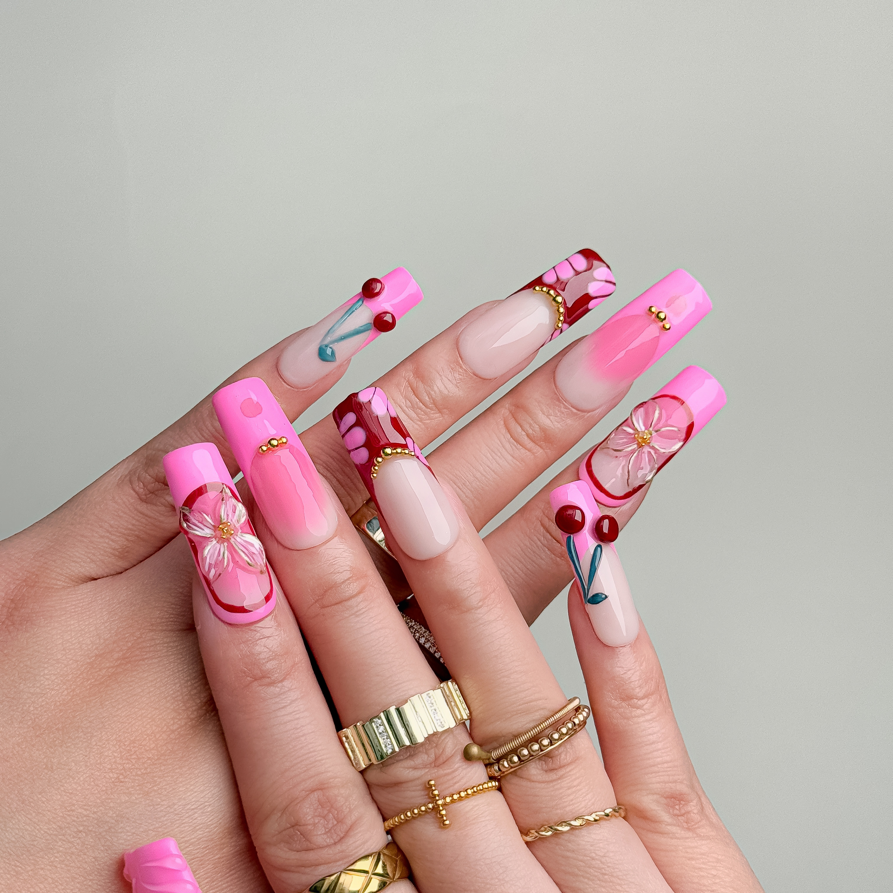 Handmade Press-On Nails – Nailfairy Square Shape Sparkling Galaxy Pink Gradient Design, Reusable with Free Application Kit Included