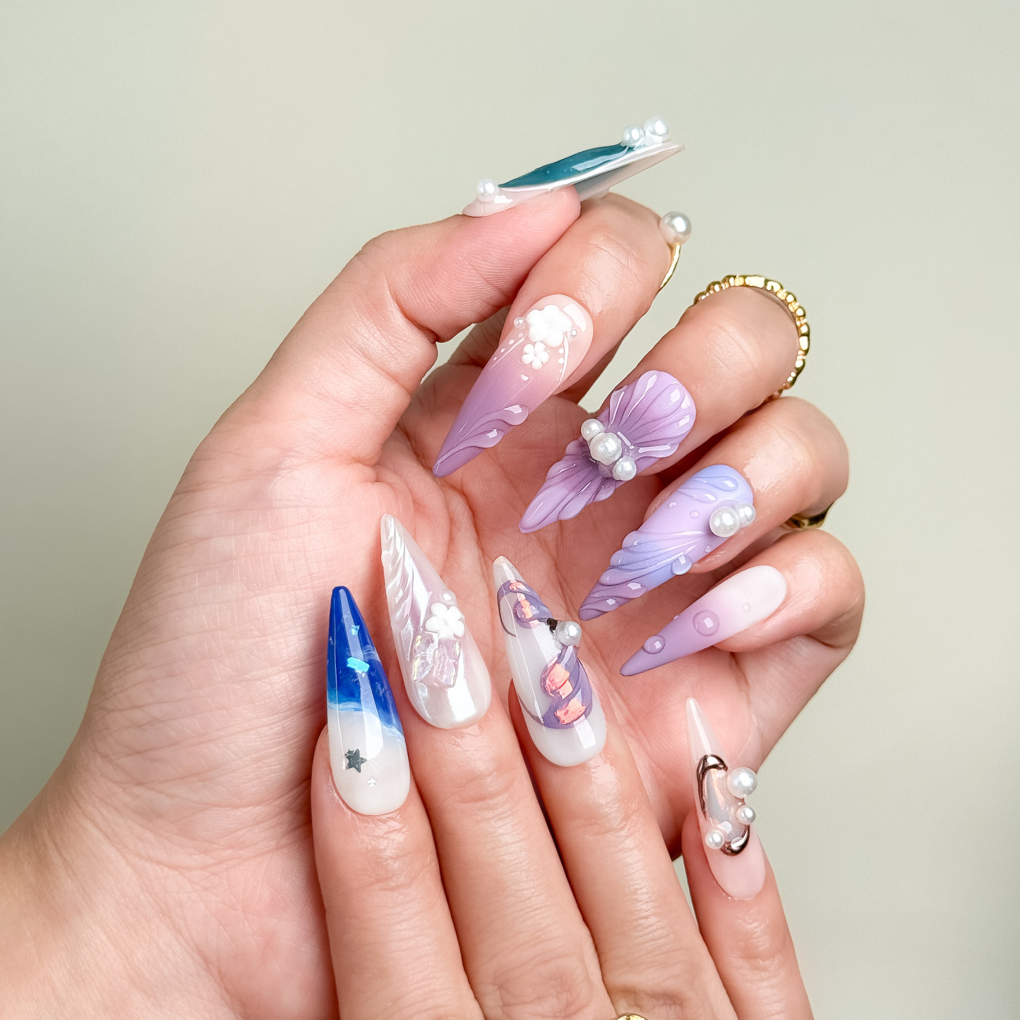 Mermaid Dream Press-On Nails with 3D Pearl & Shell – Long Stiletto