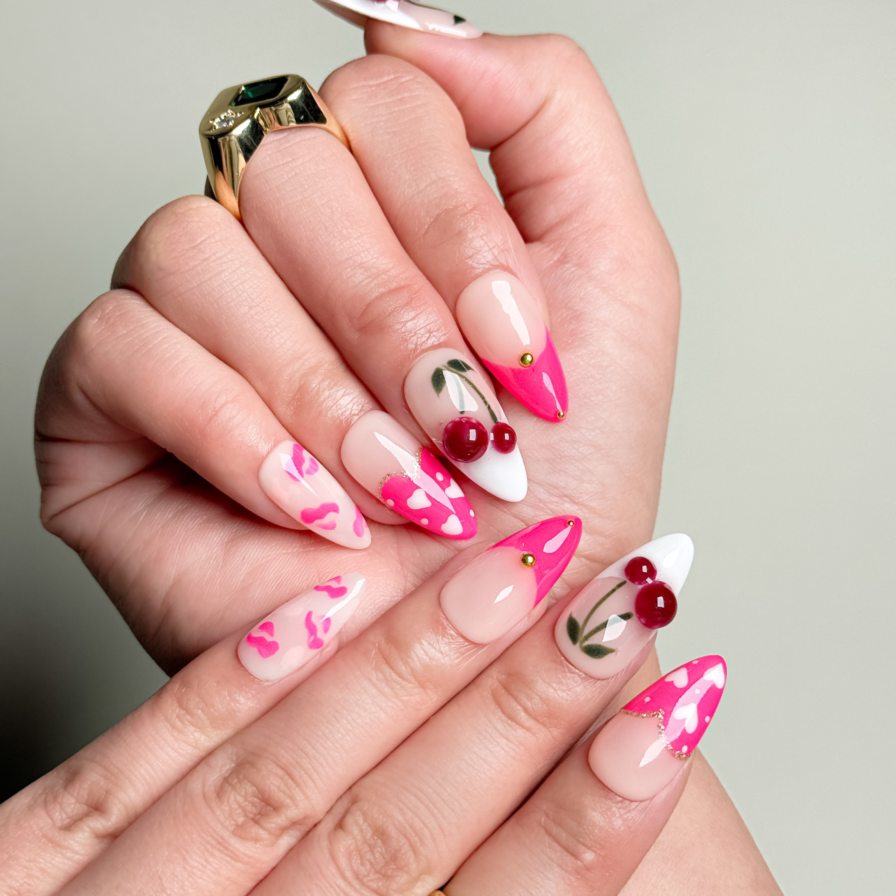 Handmade Press-On Nails – Nailfairy Pink Cherry Red Lips with French Tip & Heart Design – Custom-Made, Reusable with Free Application Kit Included