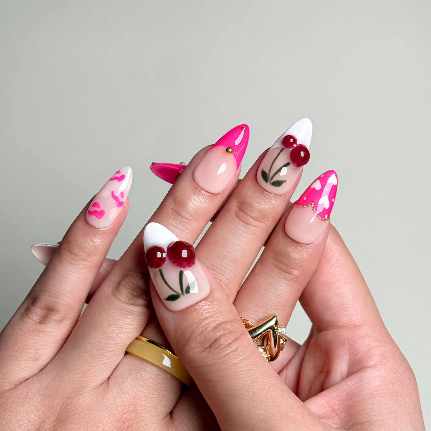 Handmade Press-On Nails – Nailfairy Pink Cherry Red Lips with French Tip & Heart Design – Custom-Made, Reusable with Free Application Kit Included