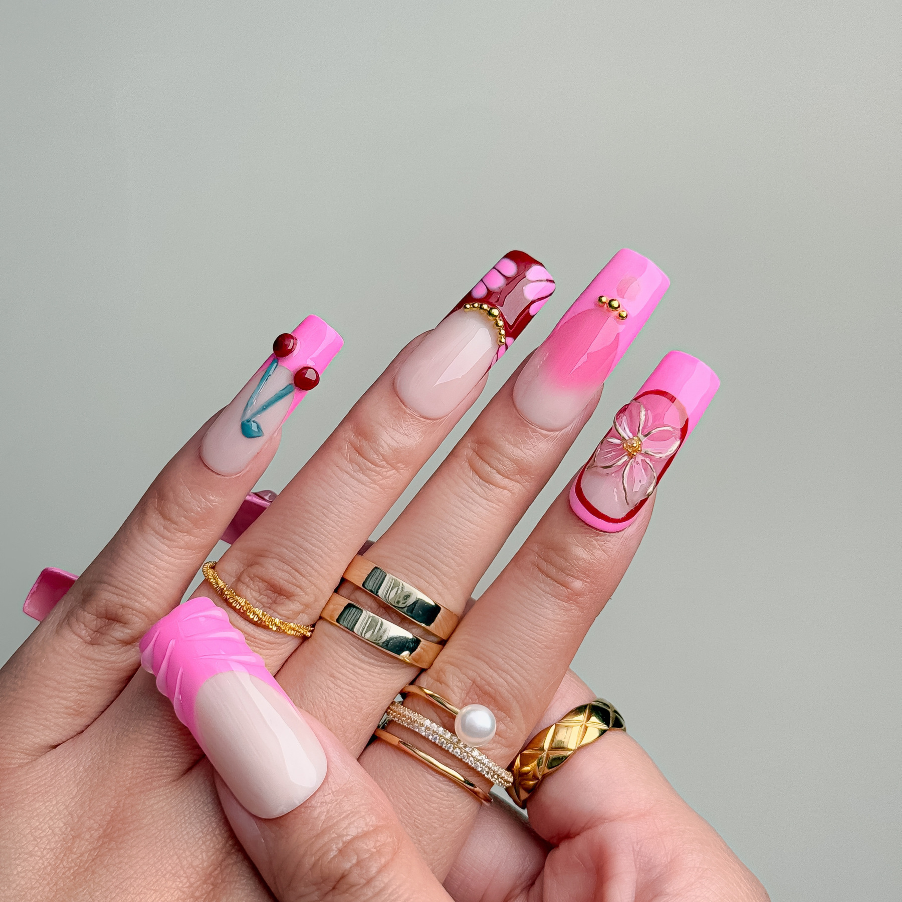 Handmade Press-On Nails – Nailfairy Square Shape Sparkling Galaxy Pink Gradient Design, Reusable with Free Application Kit Included