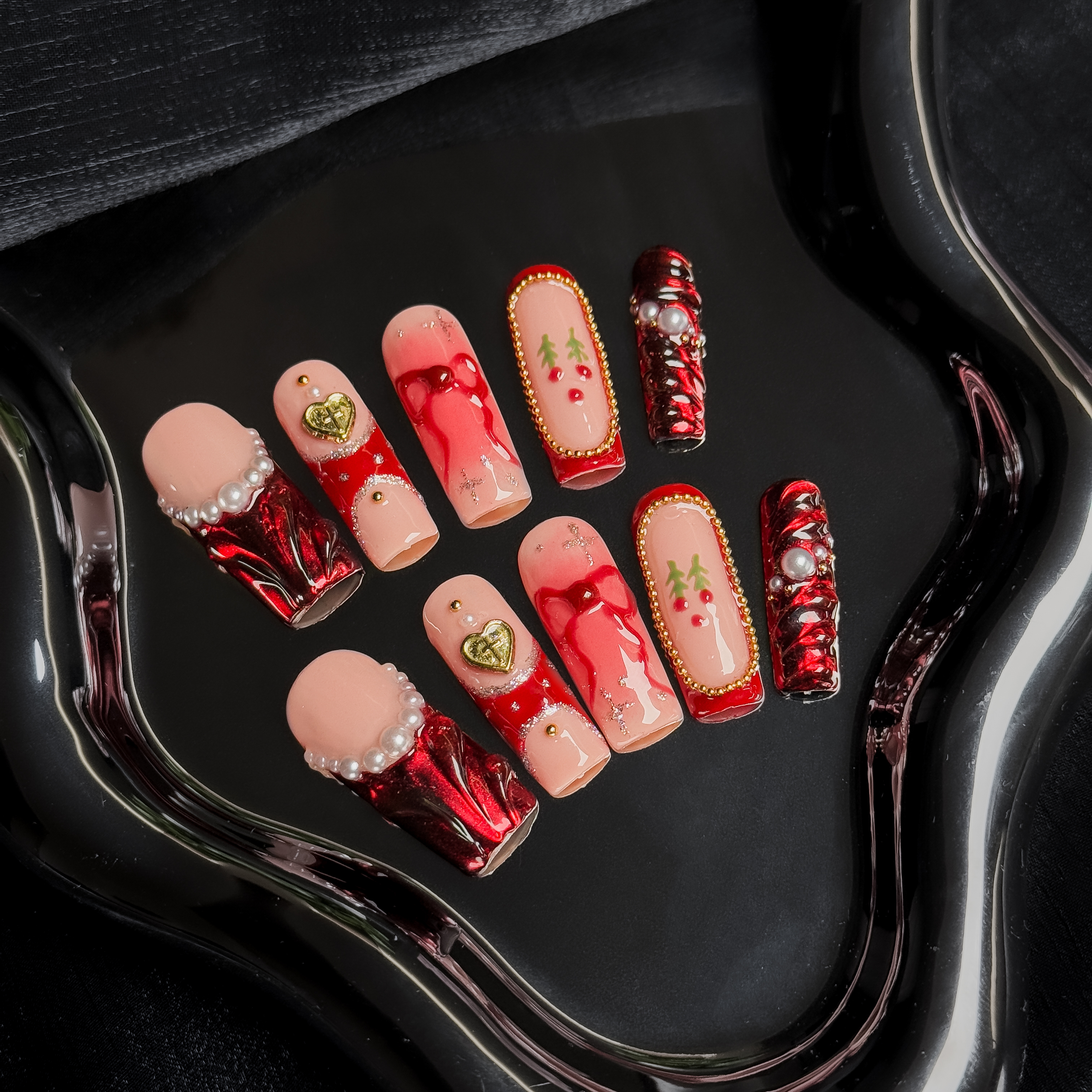Handmade Press-On Nails – Nailfairy Exquisite Cherry & Bowknot Design in Red and Nude – Custom-Made, Reusable with Free Application Kit Included