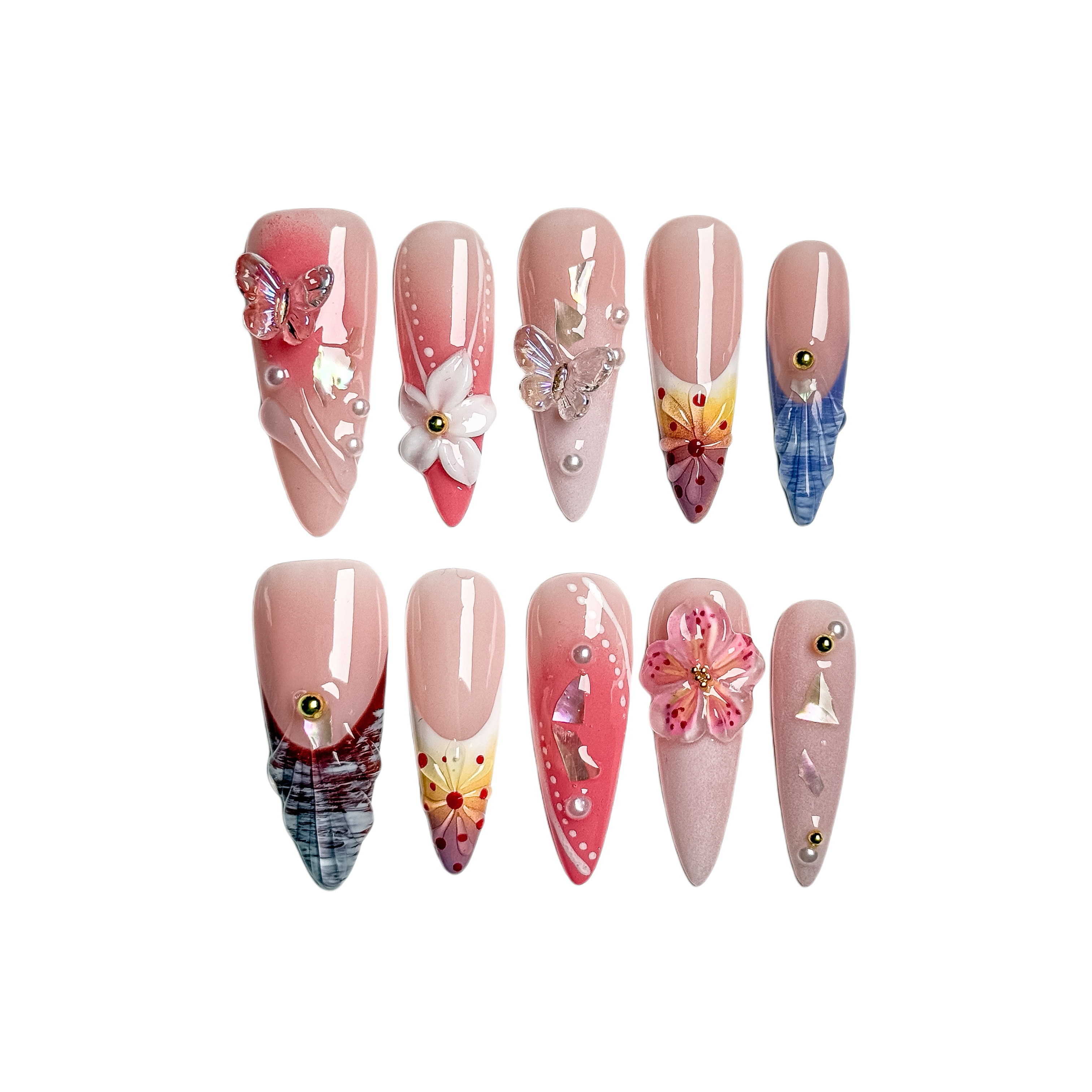 Handmade Press-On Nails – Nailfairy Luxurious Pink Gradient with Flower Language Design, Reusable with Free Application Kit Included