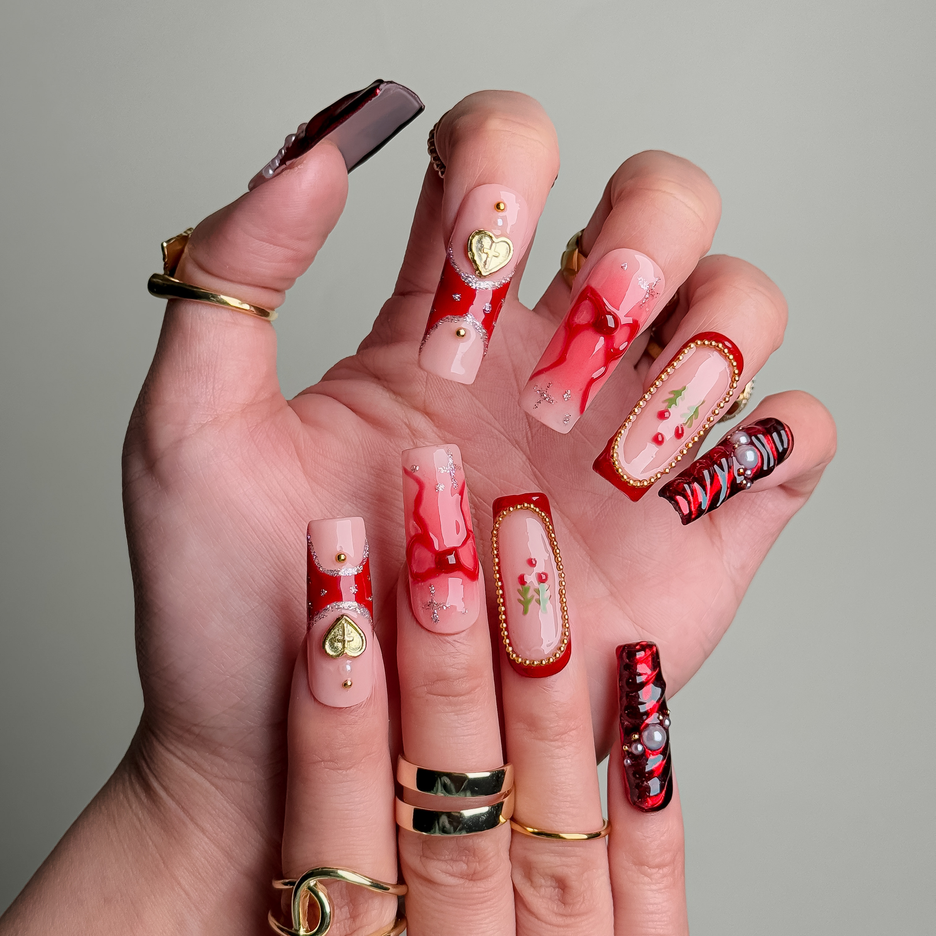 Handmade Press-On Nails – Nailfairy Exquisite Cherry & Bowknot Design in Red and Nude – Custom-Made, Reusable with Free Application Kit Included