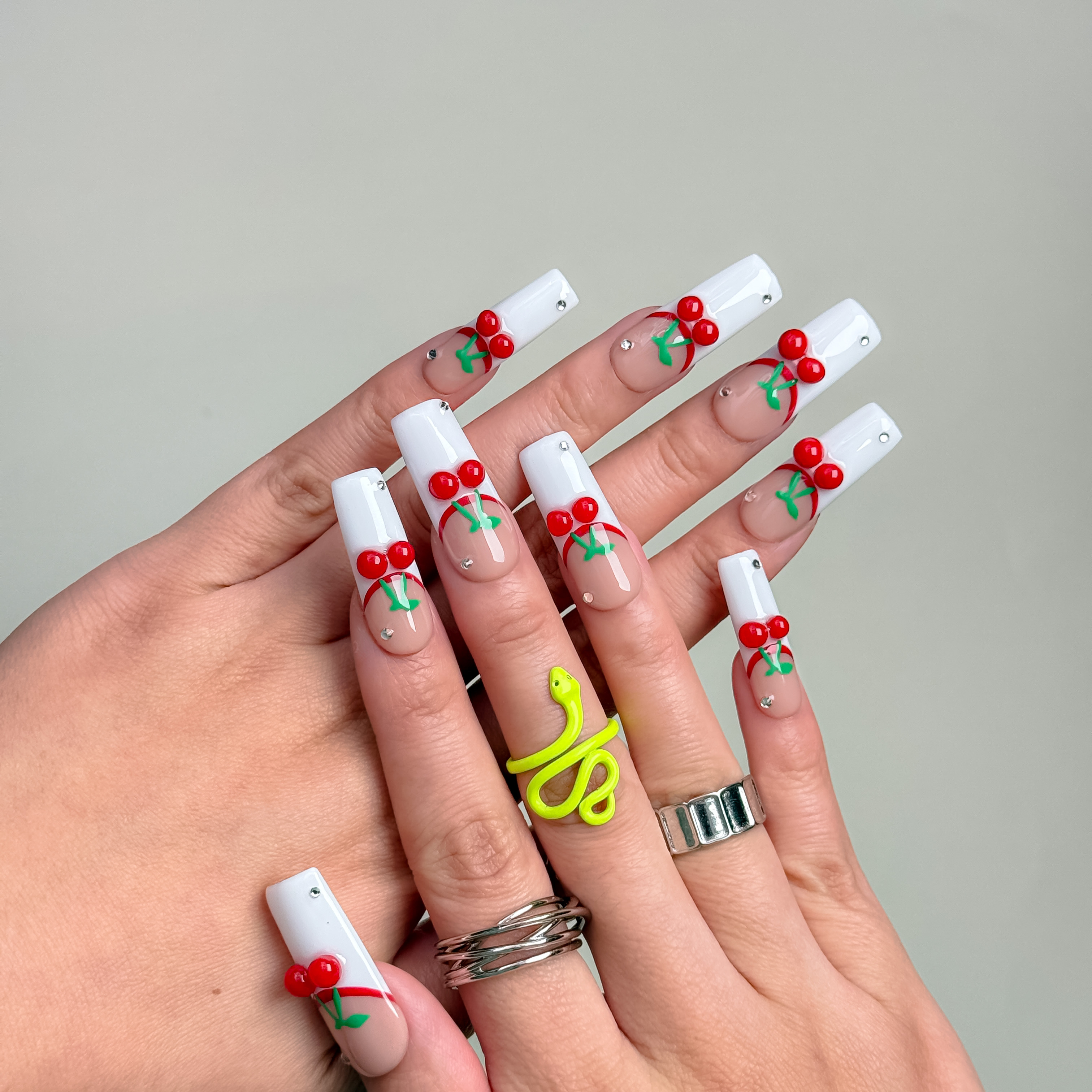 Handmade Press-On Nails – Nailfairy Adorable Cherry Dreamland Design – Square Shape, Custom-Made, Reusable with Free Application Kit Included