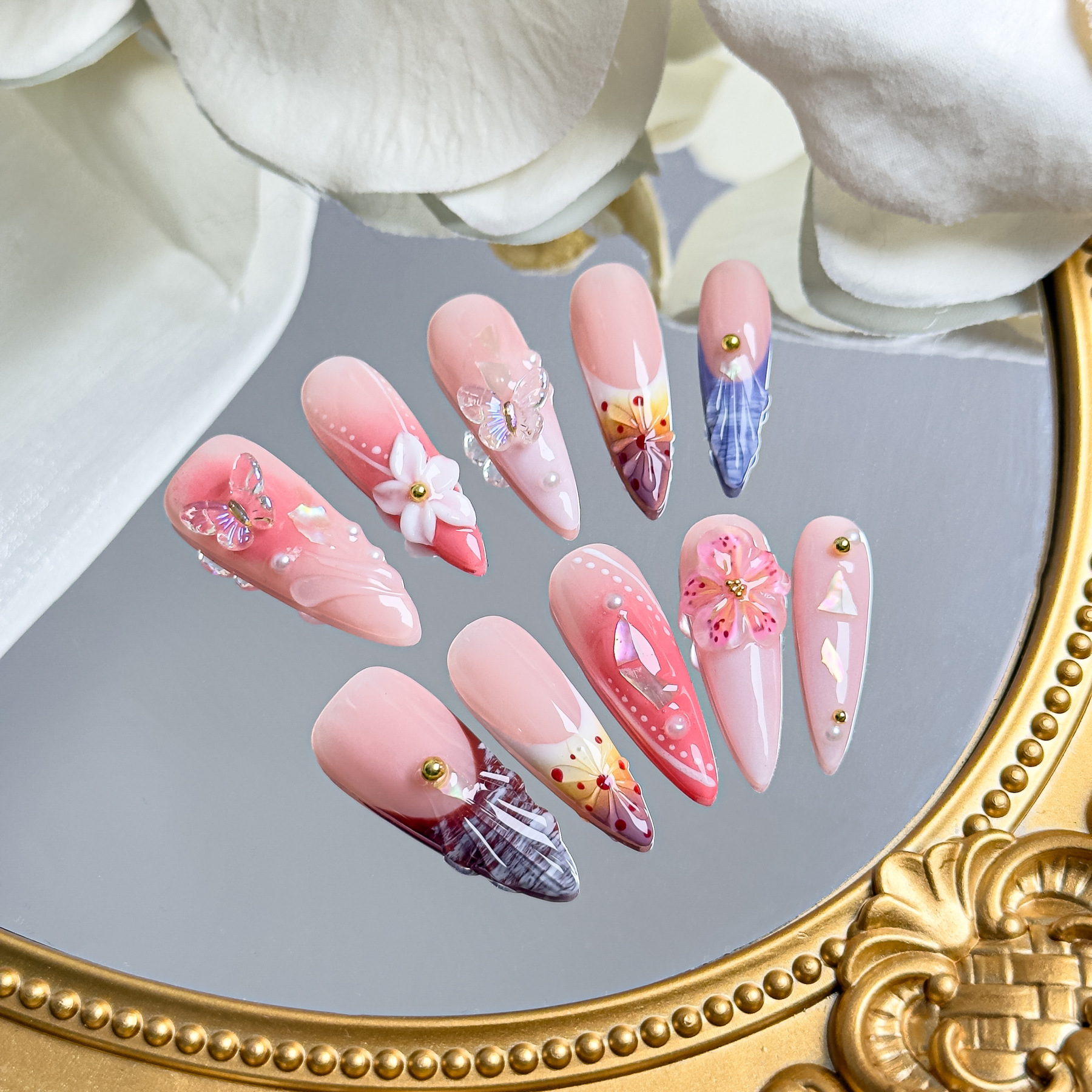 Handmade Press-On Nails – Nailfairy Luxurious Pink Gradient with Flower Language Design, Reusable with Free Application Kit Included