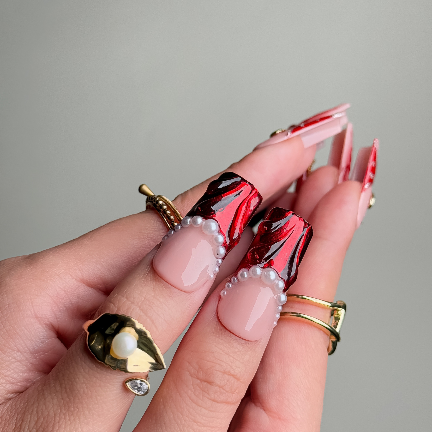 Handmade Press-On Nails – Nailfairy Exquisite Cherry & Bowknot Design in Red and Nude – Custom-Made, Reusable with Free Application Kit Included