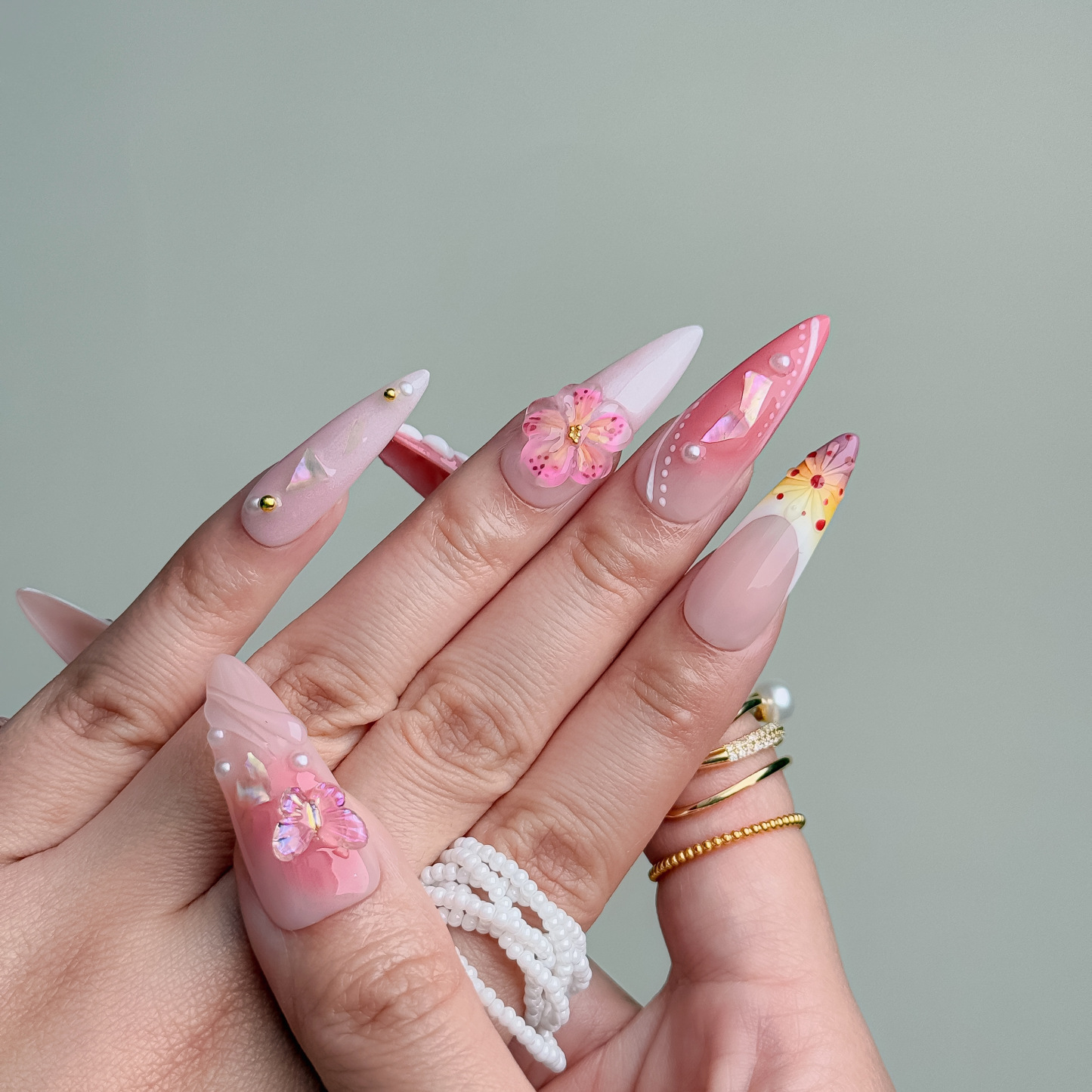 Handmade Press-On Nails – Nailfairy Luxurious Pink Gradient with Flower Language Design, Reusable with Free Application Kit Included
