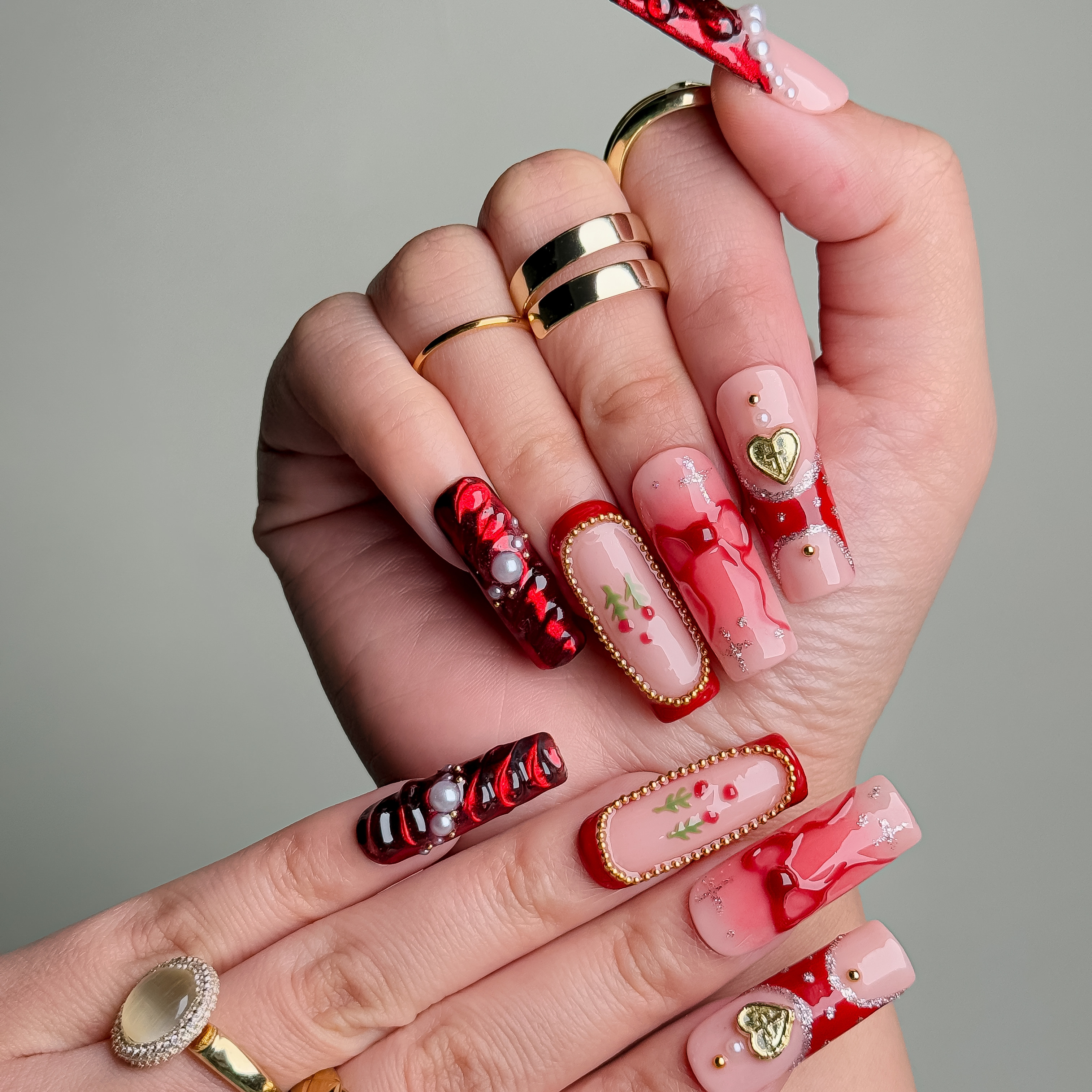 Handmade Press-On Nails – Nailfairy Exquisite Cherry & Bowknot Design in Red and Nude – Custom-Made, Reusable with Free Application Kit Included