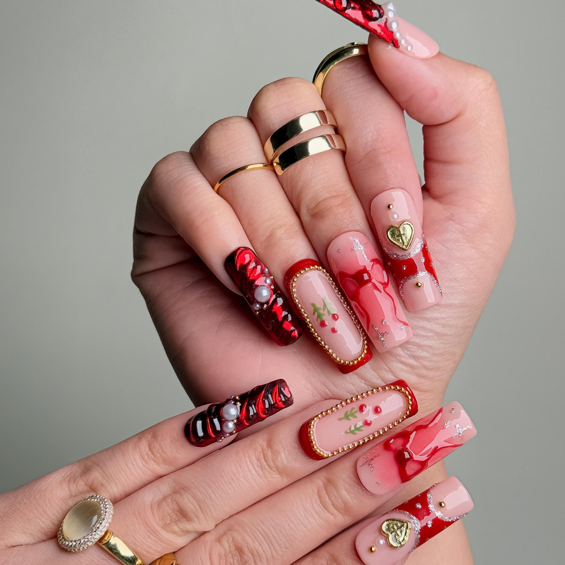 Handmade Press-On Nails – Nailfairy Exquisite Cherry & Bowknot Design in Red and Nude – Custom-Made, Reusable with Free Application Kit Included