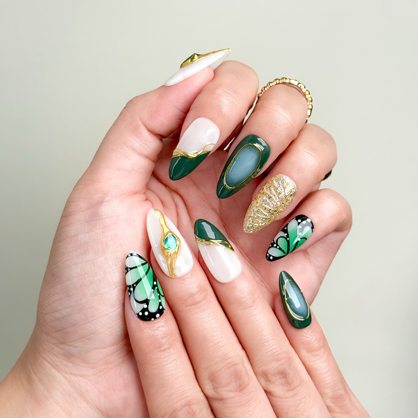 Gilded Butterfly Ink Jade Press-On Nails | Short Almond Shape