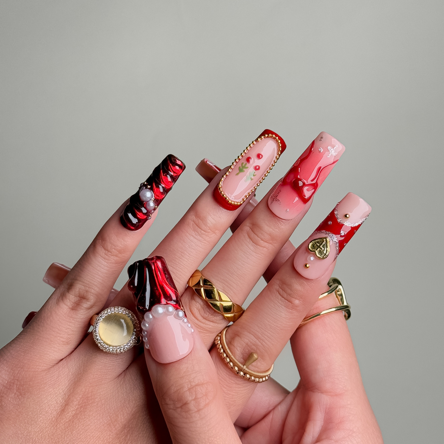 Handmade Press-On Nails – Nailfairy Exquisite Cherry & Bowknot Design in Red and Nude – Custom-Made, Reusable with Free Application Kit Included