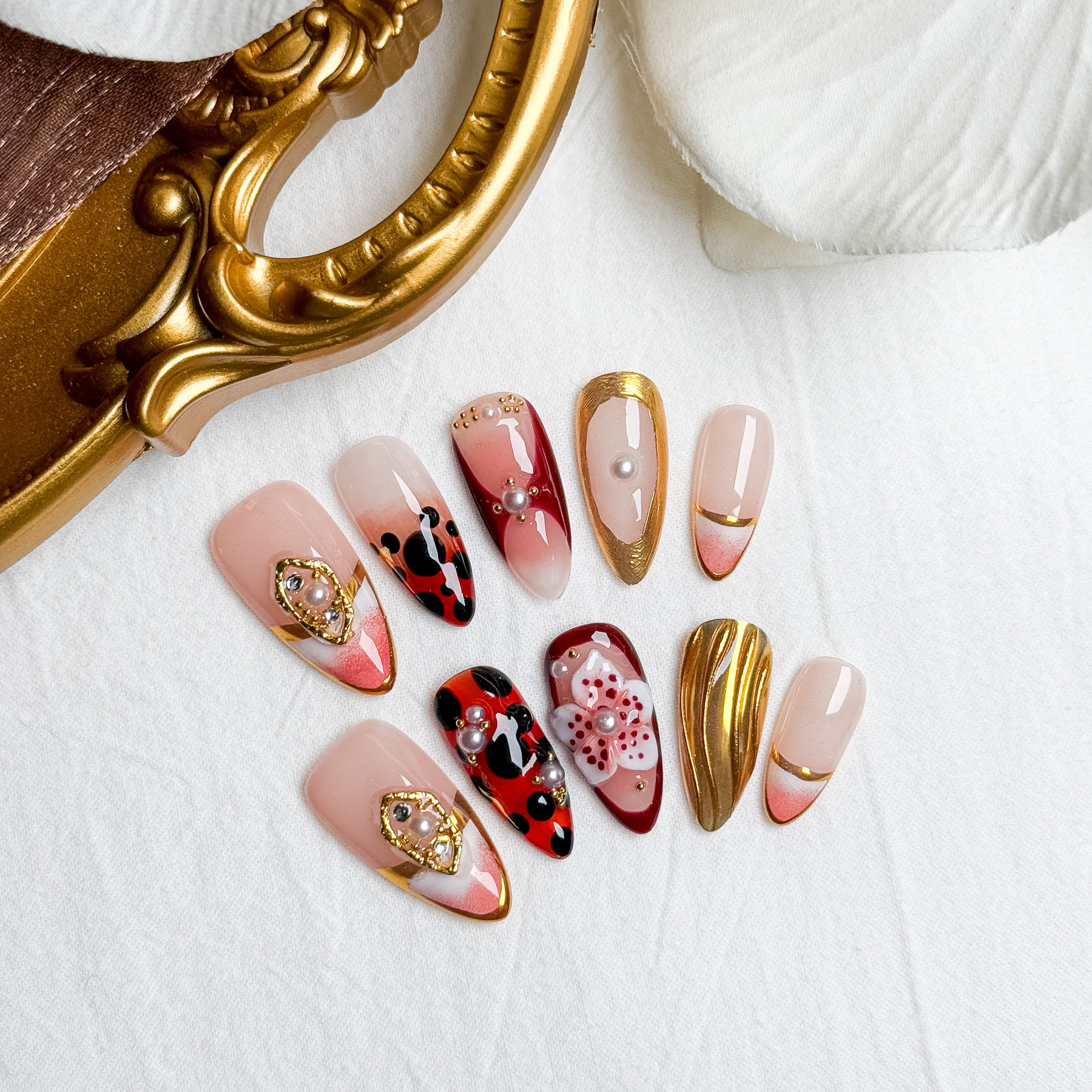 Handmade Press-On Nails – Nailfairy Elegant Ladybug & Pearl Embellished Design with Gold Edging, Reusable with Free Application Kit Included