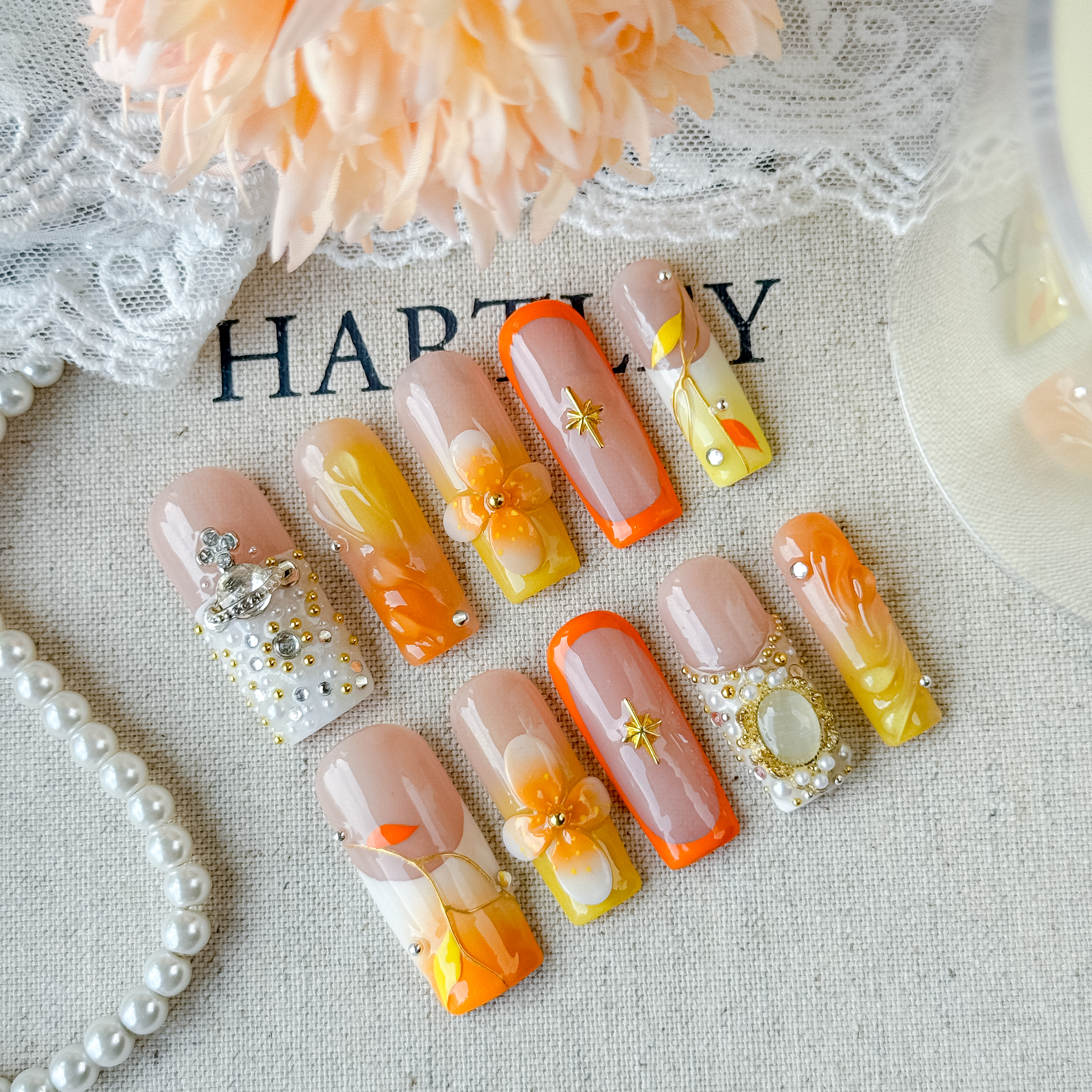 Nail Fairy Handmade Press-On Nails – Nailfairy Square Shape Nail with Gorgeous Warm-Toned Floral & Crown Design, Reusable with Free Application Kit Included
