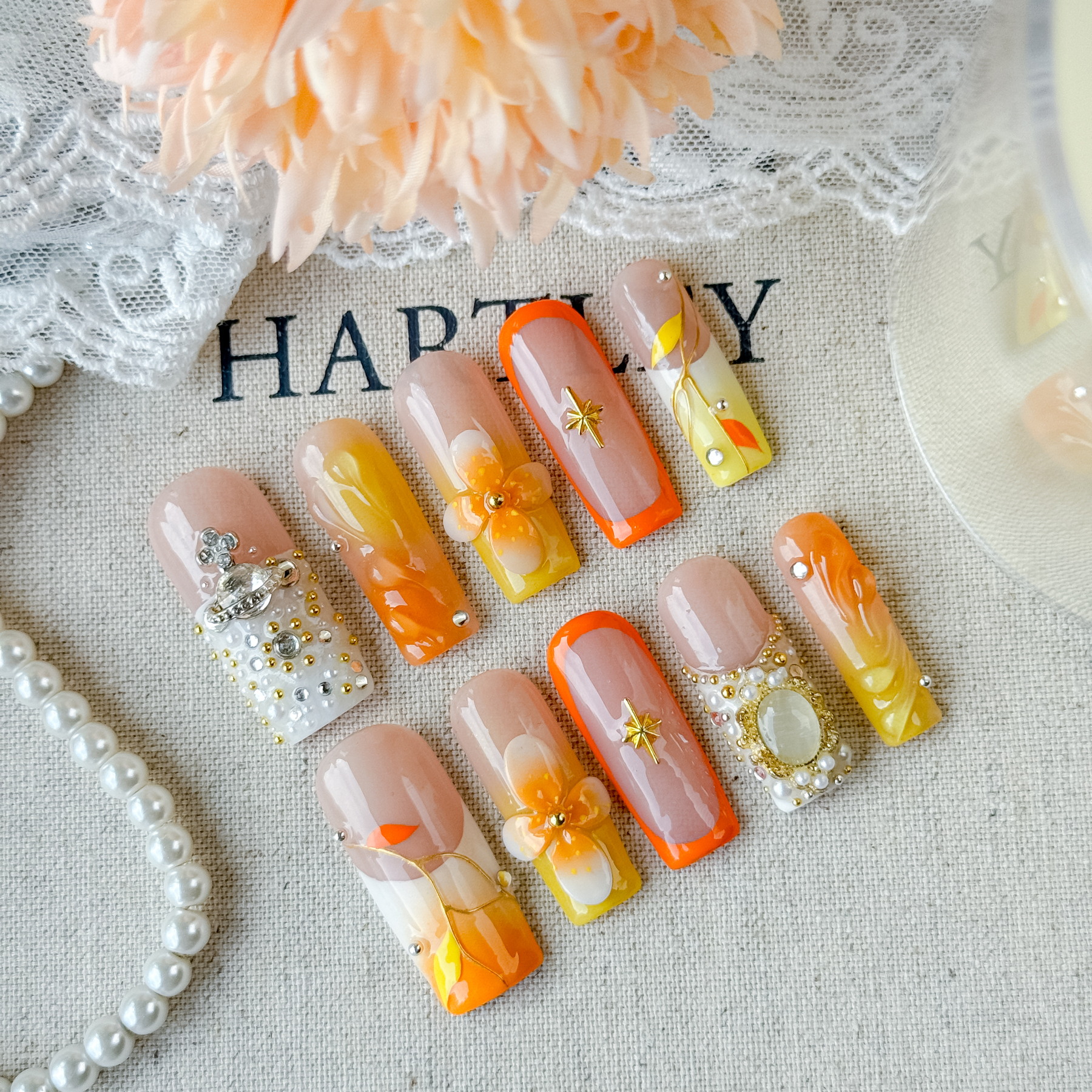 Nail Fairy Handmade Press-On Nails – Nailfairy Square Shape Nail with Gorgeous Warm-Toned Floral & Crown Design, Reusable with Free Application Kit Included