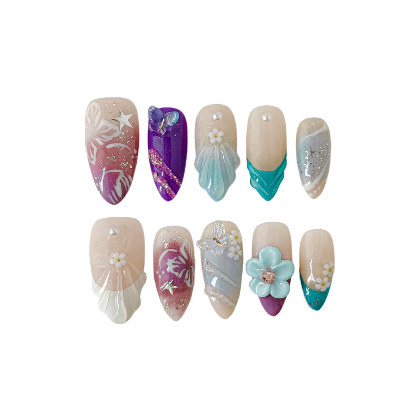 Handmade Press-On Nails – Nailfairy Almond Shape with Shell, Butterfly, Floral & Star Design, Reusable with Free Application Kit Included