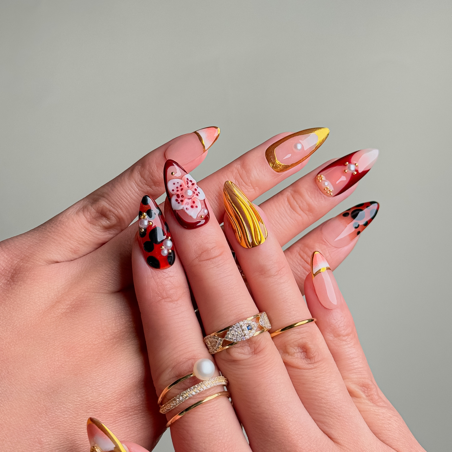 Handmade Press-On Nails – Nailfairy Elegant Ladybug & Pearl Embellished Design with Gold Edging, Reusable with Free Application Kit Included