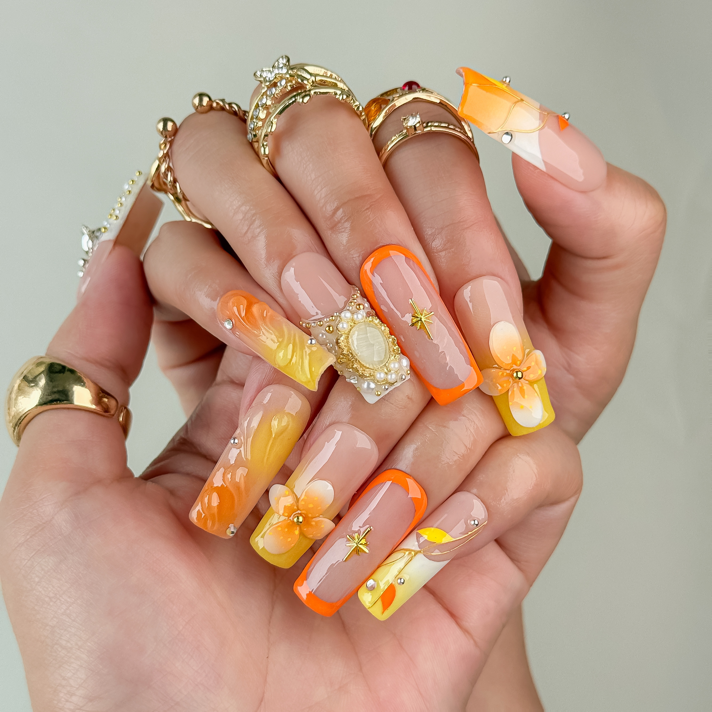 Nail Fairy Handmade Press-On Nails – Nailfairy Square Shape Nail with Gorgeous Warm-Toned Floral & Crown Design, Reusable with Free Application Kit Included