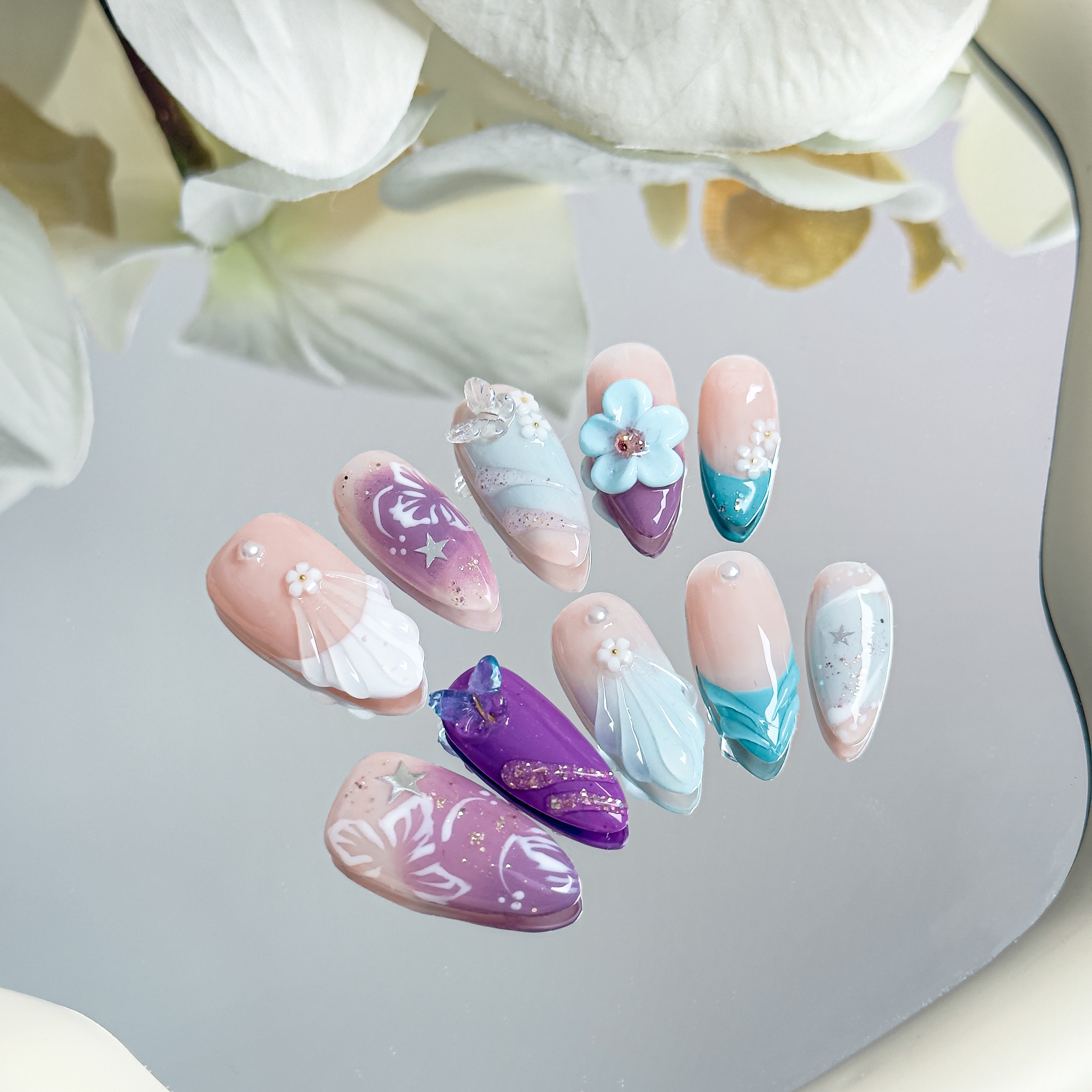 Handmade Press-On Nails – Nailfairy Almond Shape with Shell, Butterfly, Floral & Star Design, Reusable with Free Application Kit Included
