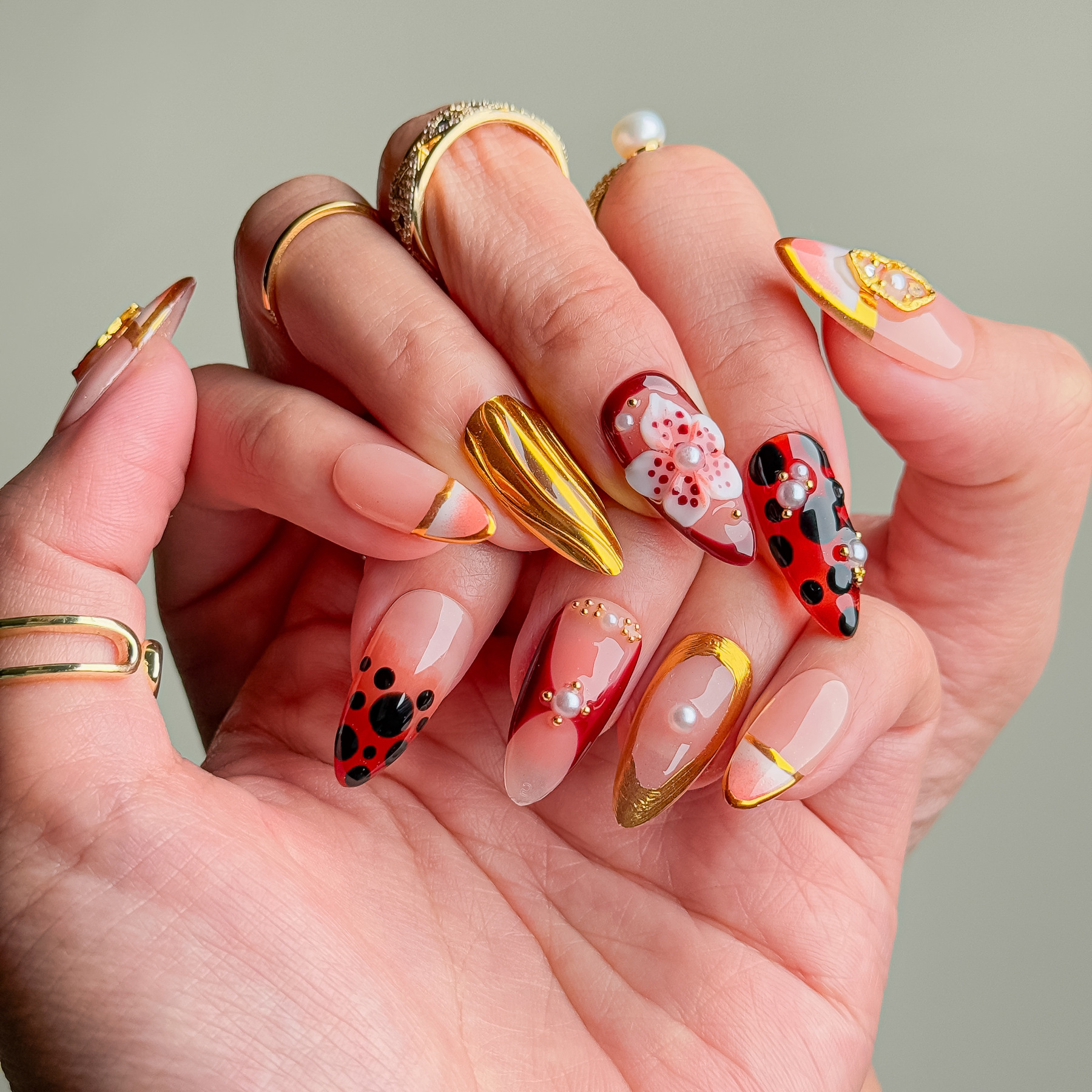 Handmade Press-On Nails – Nailfairy Elegant Ladybug & Pearl Embellished Design with Gold Edging, Reusable with Free Application Kit Included
