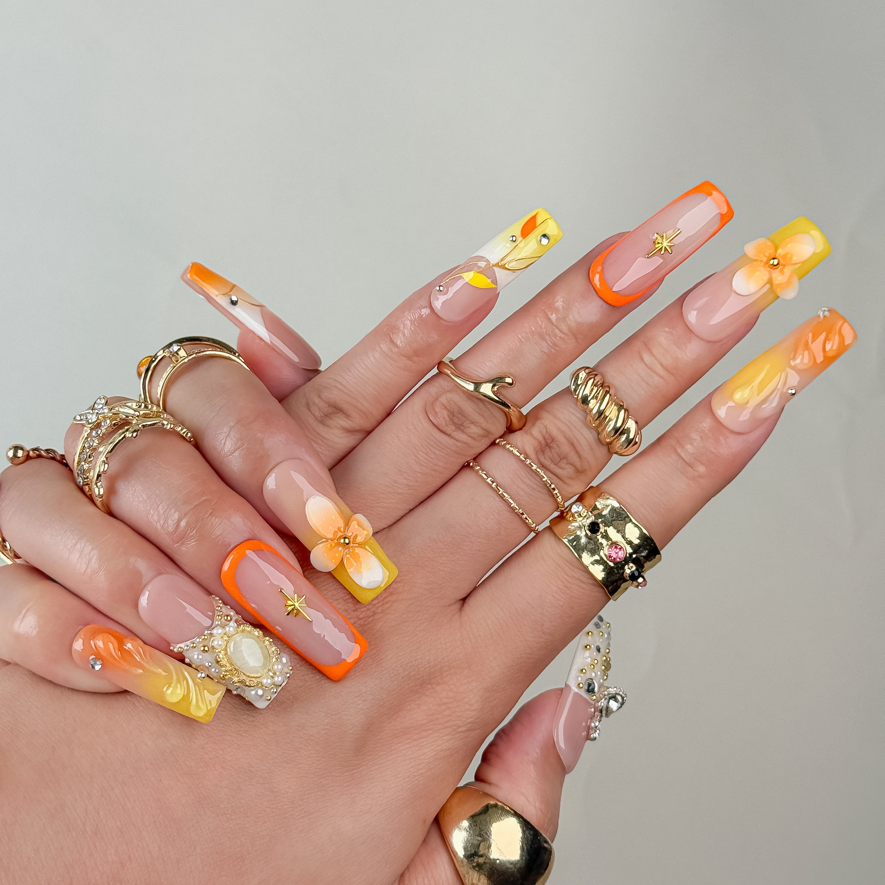 Nail Fairy Handmade Press-On Nails – Nailfairy Square Shape Nail with Gorgeous Warm-Toned Floral & Crown Design, Reusable with Free Application Kit Included