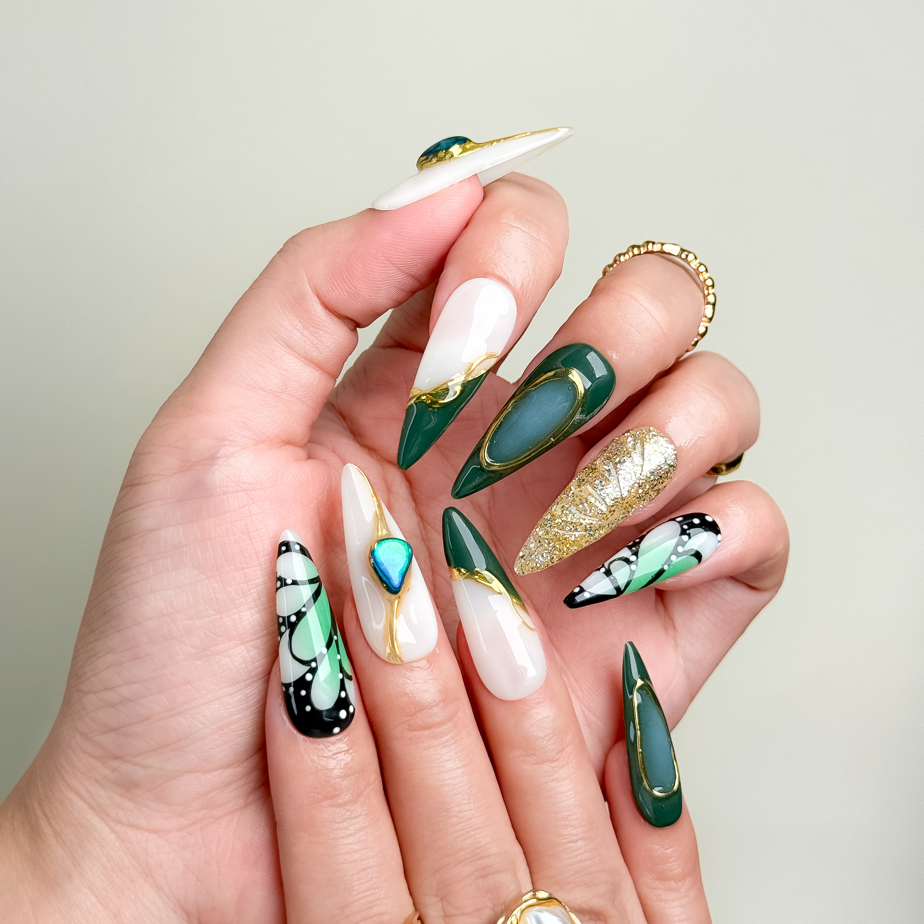 Gilded Butterfly Ink Jade Press-On Nails | Long Stiletto Shape