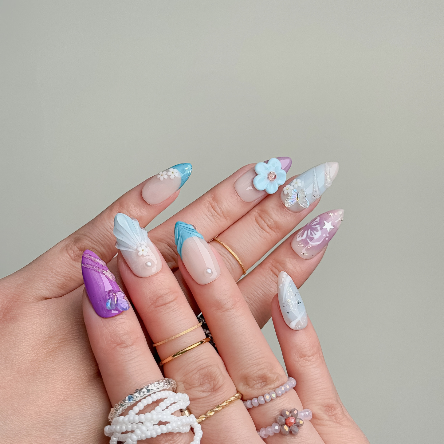 Handmade Press-On Nails – Nailfairy Almond Shape with Shell, Butterfly, Floral & Star Design, Reusable with Free Application Kit Included