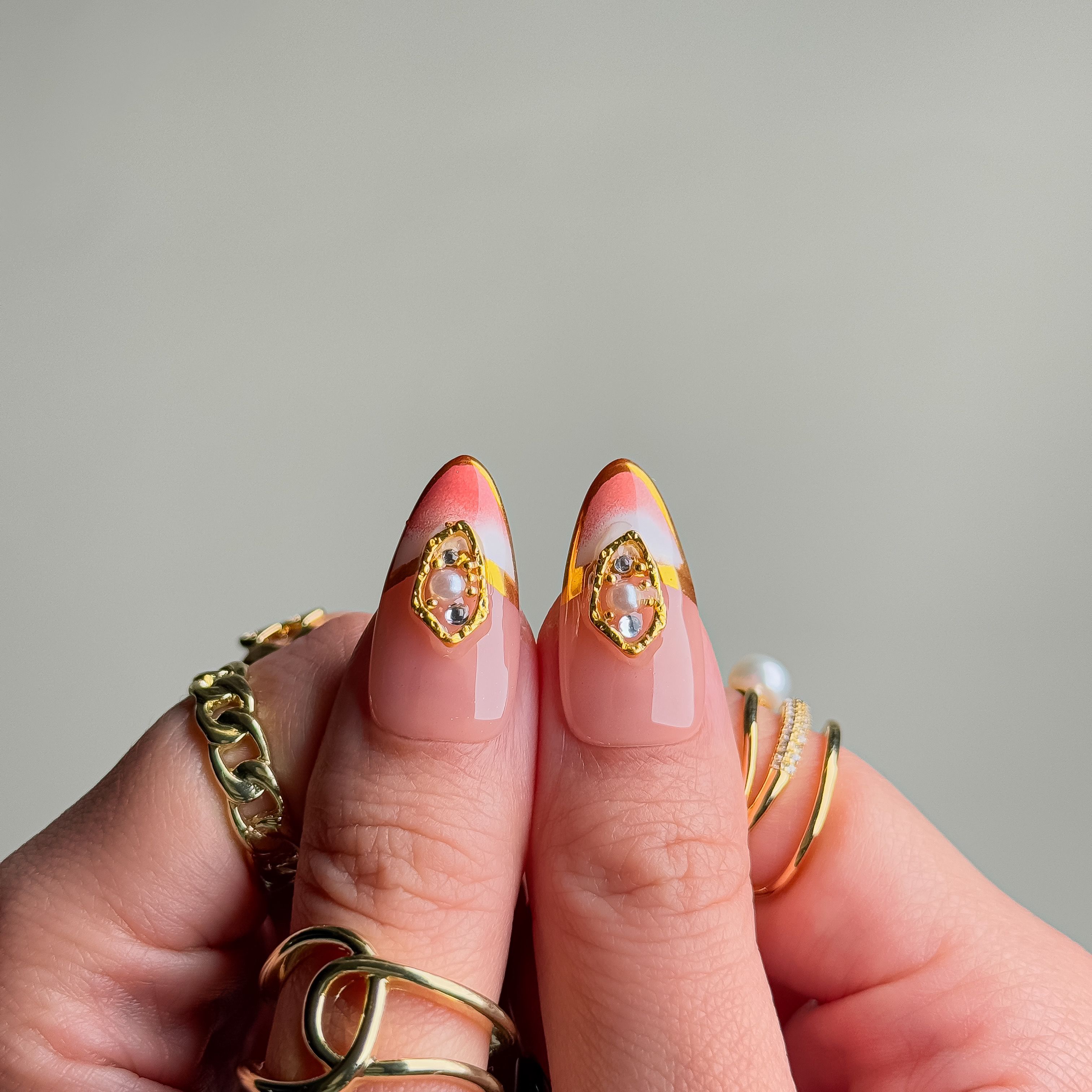 Handmade Press-On Nails – Nailfairy Elegant Ladybug & Pearl Embellished Design with Gold Edging, Reusable with Free Application Kit Included