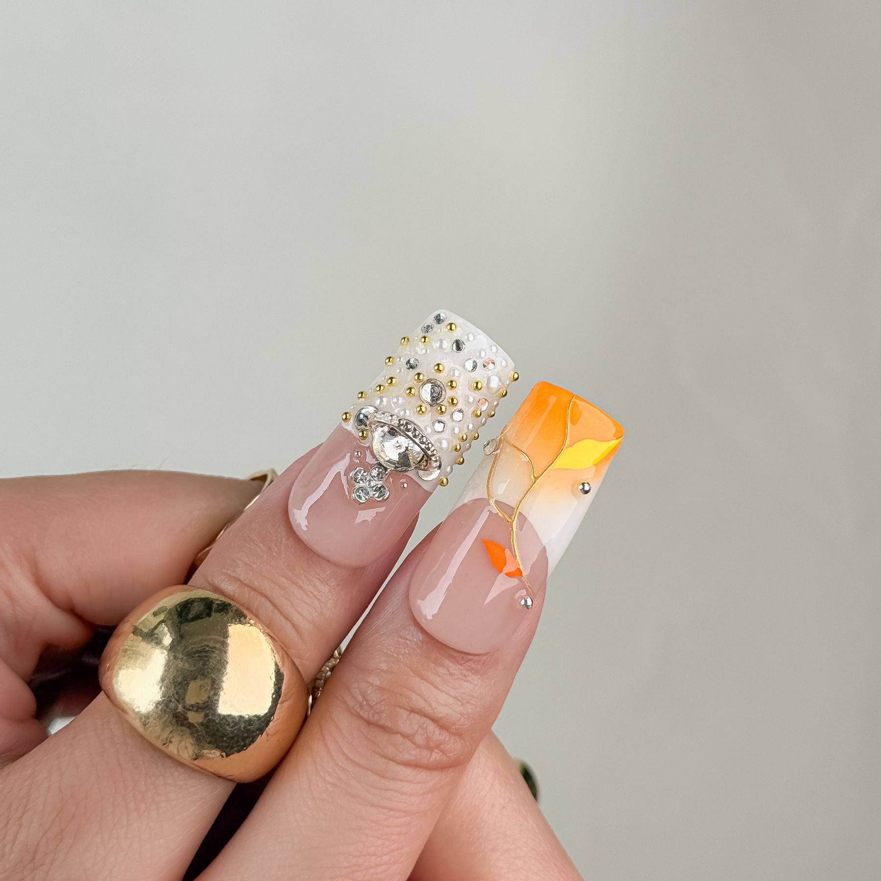 Nail Fairy Handmade Press-On Nails – Nailfairy Square Shape Nail with Gorgeous Warm-Toned Floral & Crown Design, Reusable with Free Application Kit Included