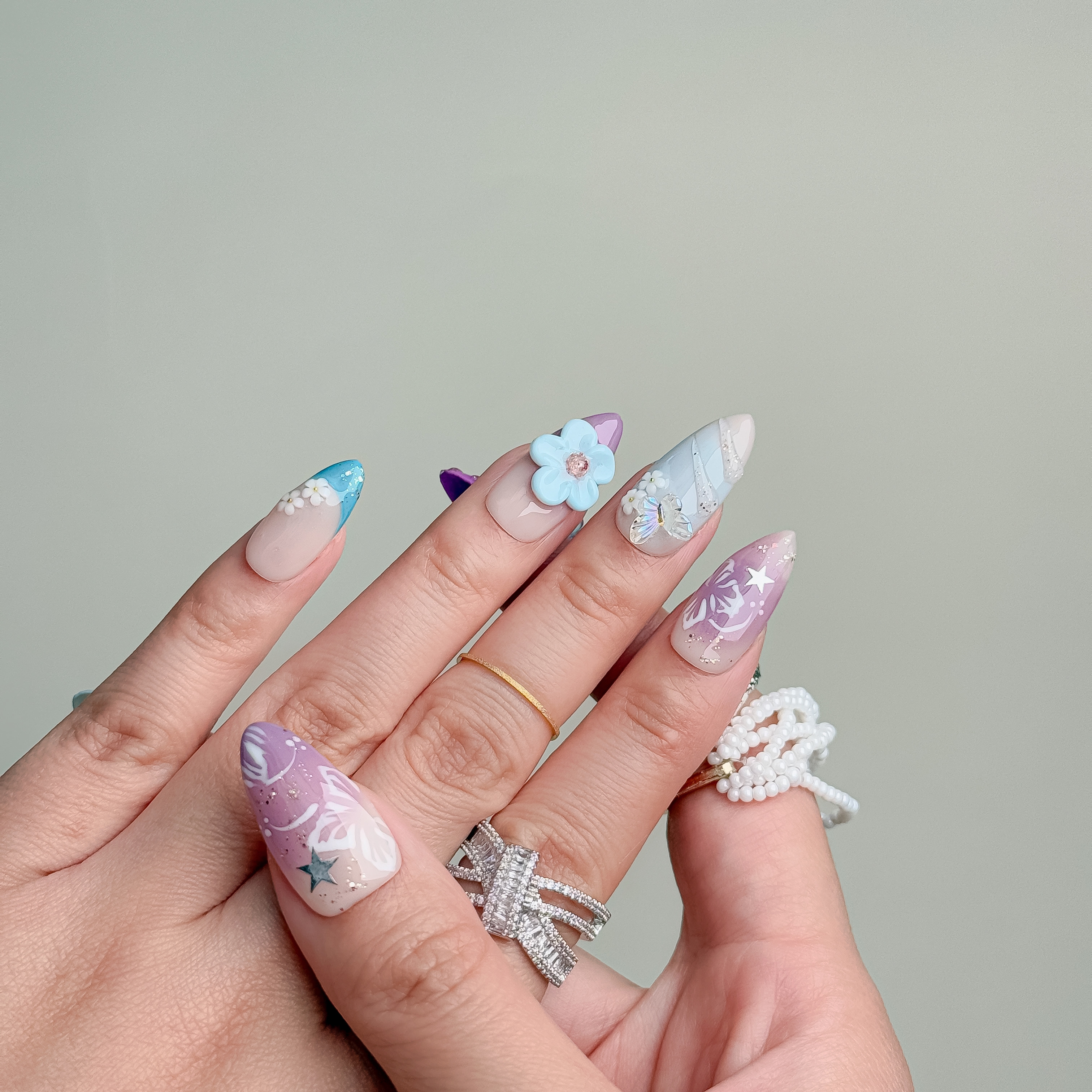 Handmade Press-On Nails – Nailfairy Almond Shape with Shell, Butterfly, Floral & Star Design, Reusable with Free Application Kit Included