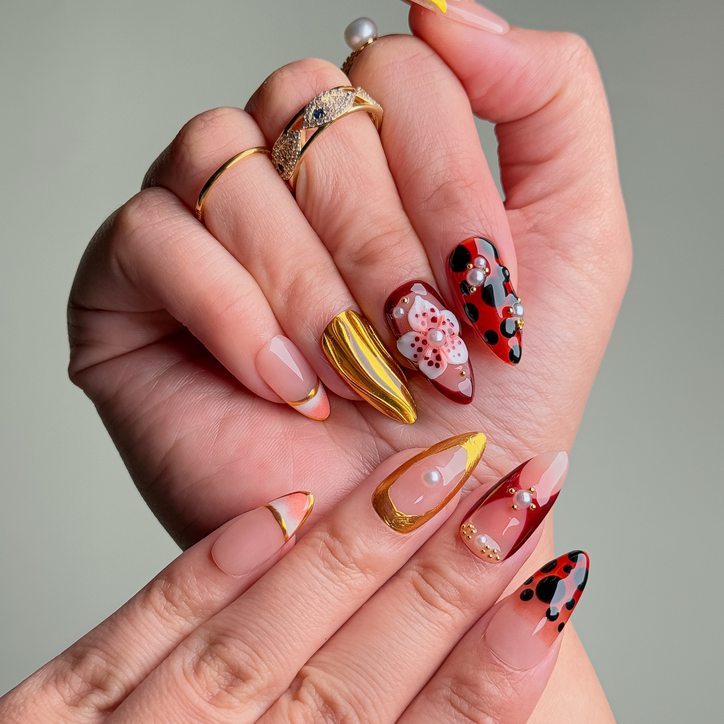 Handmade Press-On Nails – Nailfairy Elegant Ladybug & Pearl Embellished Design with Gold Edging, Reusable with Free Application Kit Included
