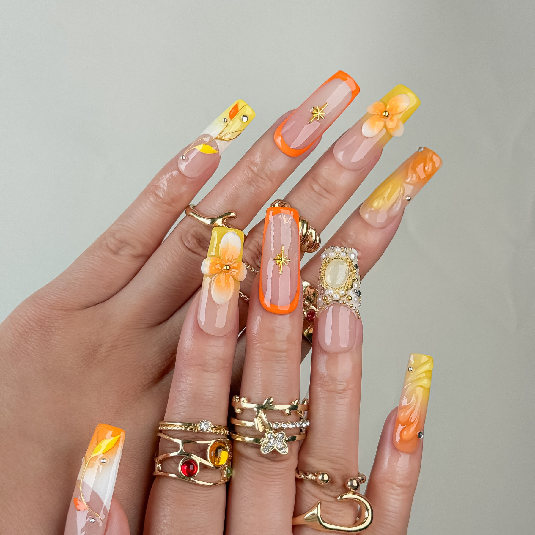 Nail Fairy Handmade Press-On Nails – Nailfairy Square Shape Nail with Gorgeous Warm-Toned Floral & Crown Design, Reusable with Free Application Kit Included