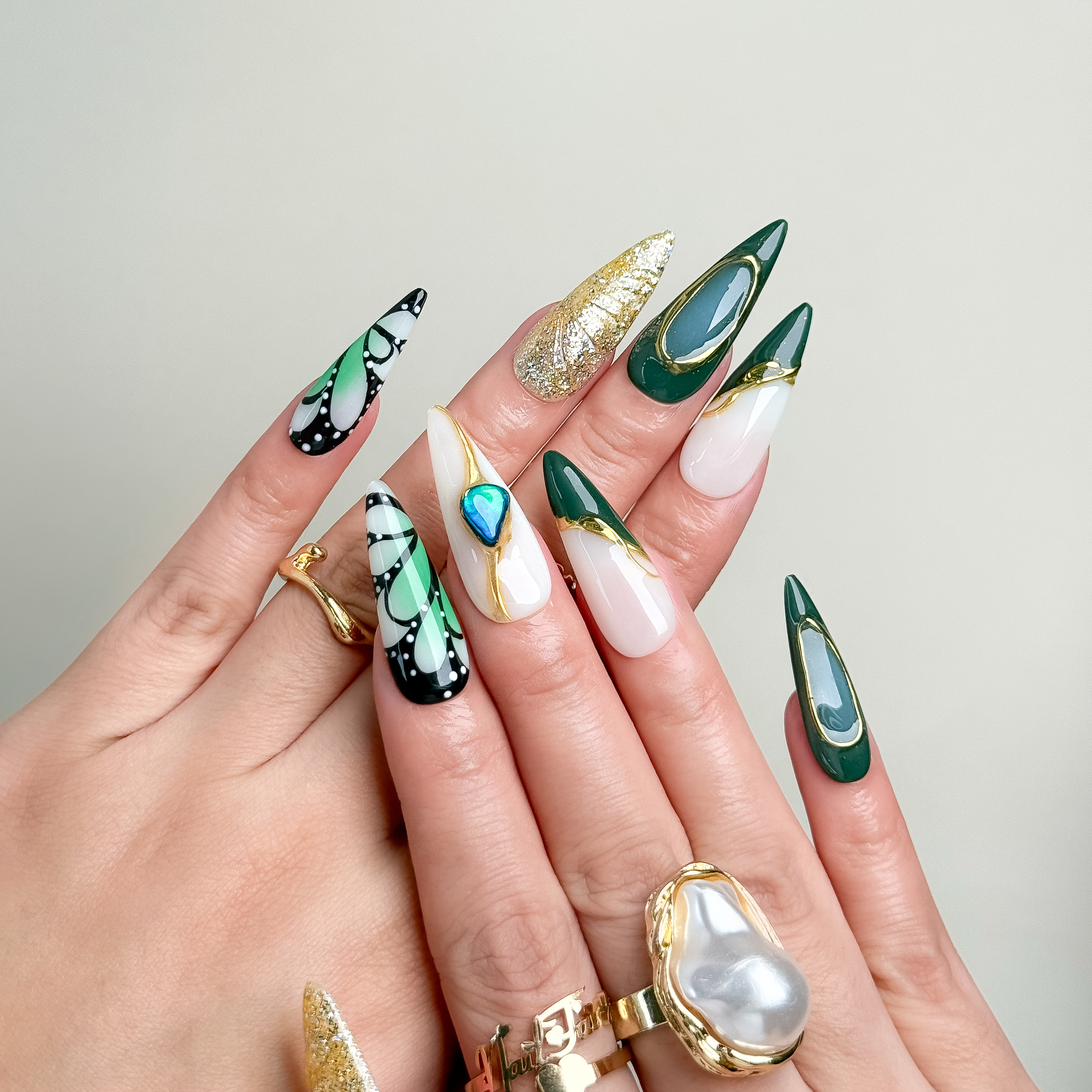 Gilded Butterfly Ink Jade Press-On Nails | Long Stiletto Shape