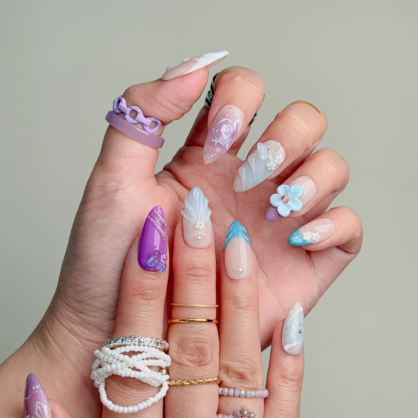 Handmade Press-On Nails – Nailfairy Almond Shape with Shell, Butterfly, Floral & Star Design, Reusable with Free Application Kit Included