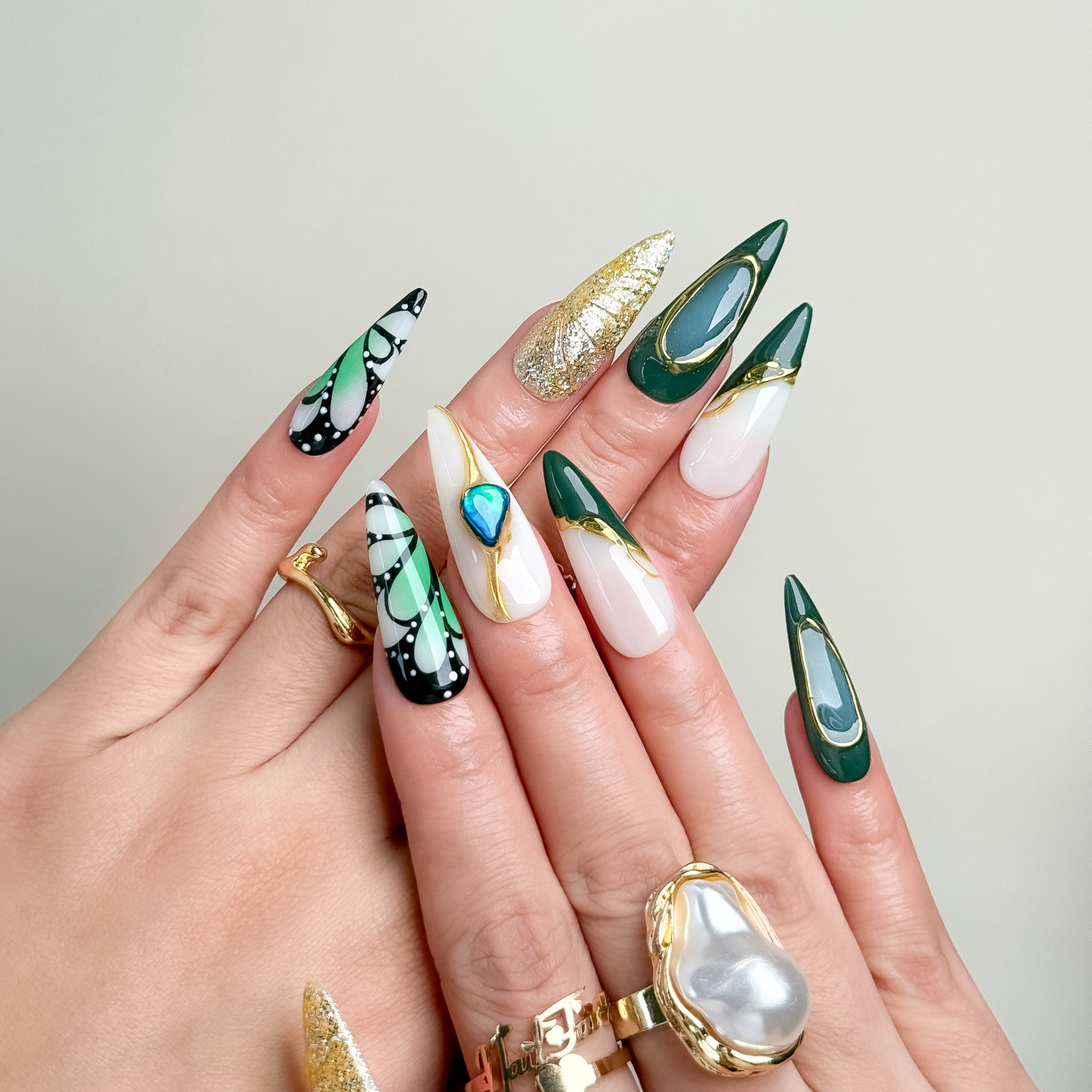 Gilded Butterfly Ink Jade Press-On Nails | Long Stiletto Shape