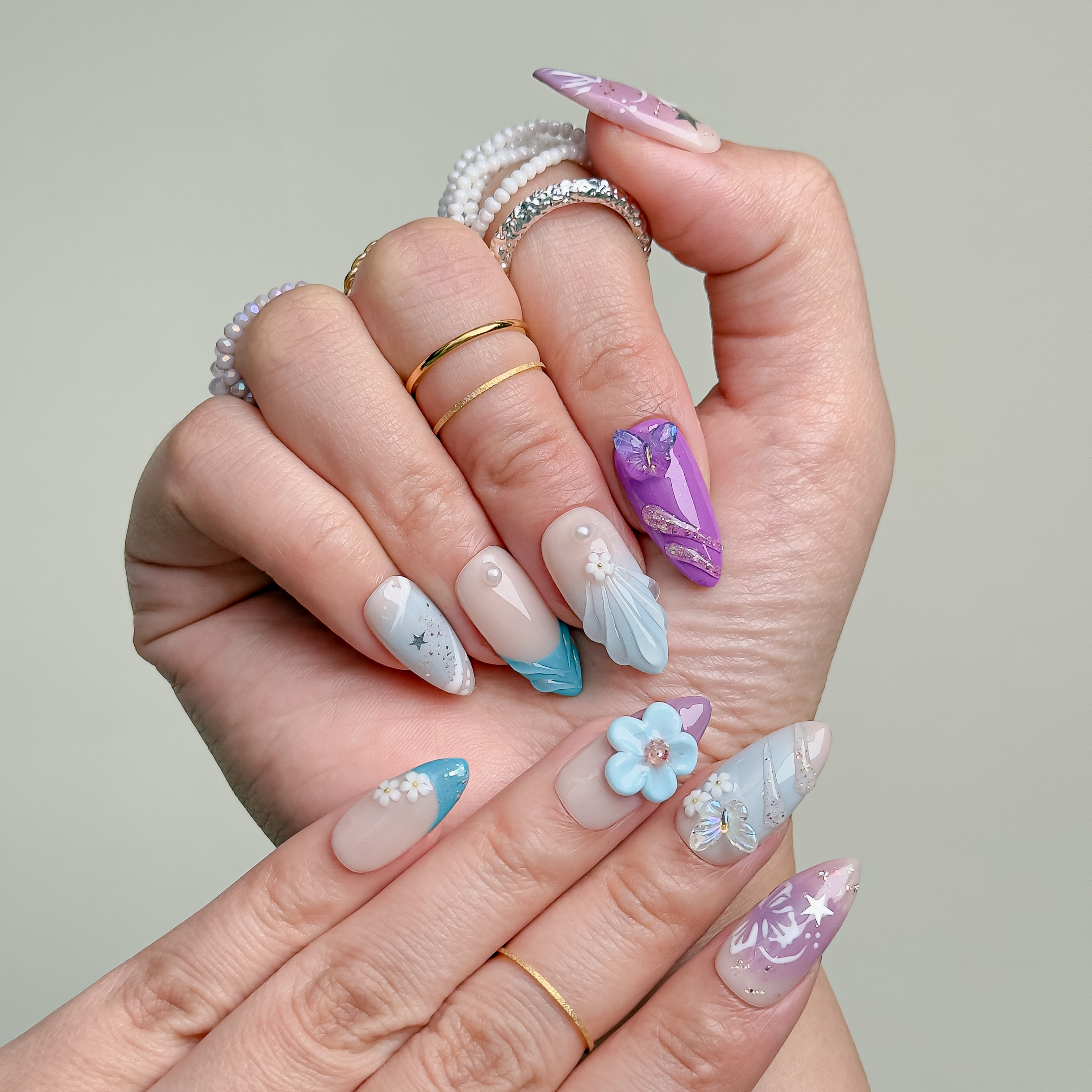 Handmade Press-On Nails – Nailfairy Almond Shape with Shell, Butterfly, Floral & Star Design, Reusable with Free Application Kit Included