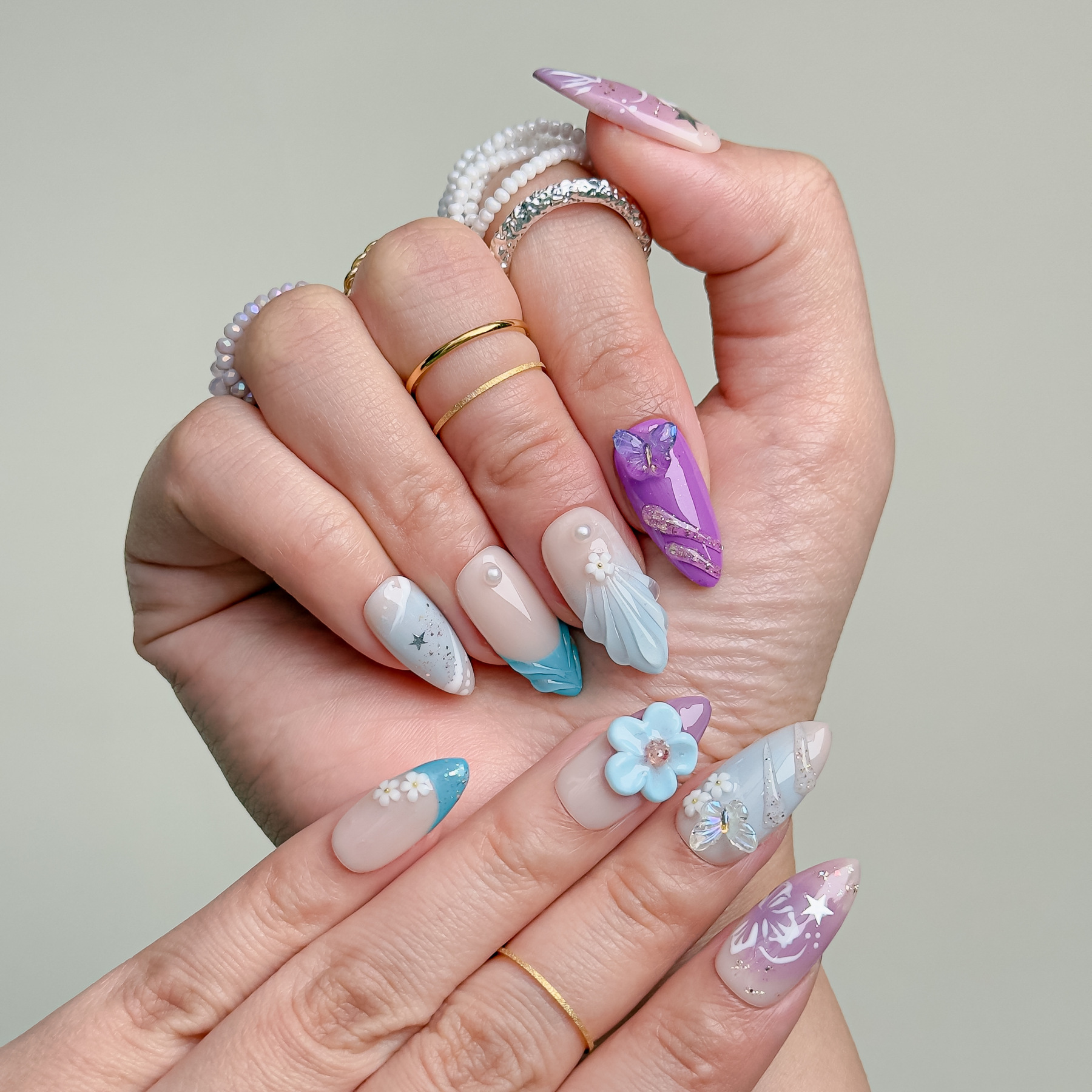 Handmade Press-On Nails – Nailfairy Almond Shape with Shell, Butterfly, Floral & Star Design, Reusable with Free Application Kit Included
