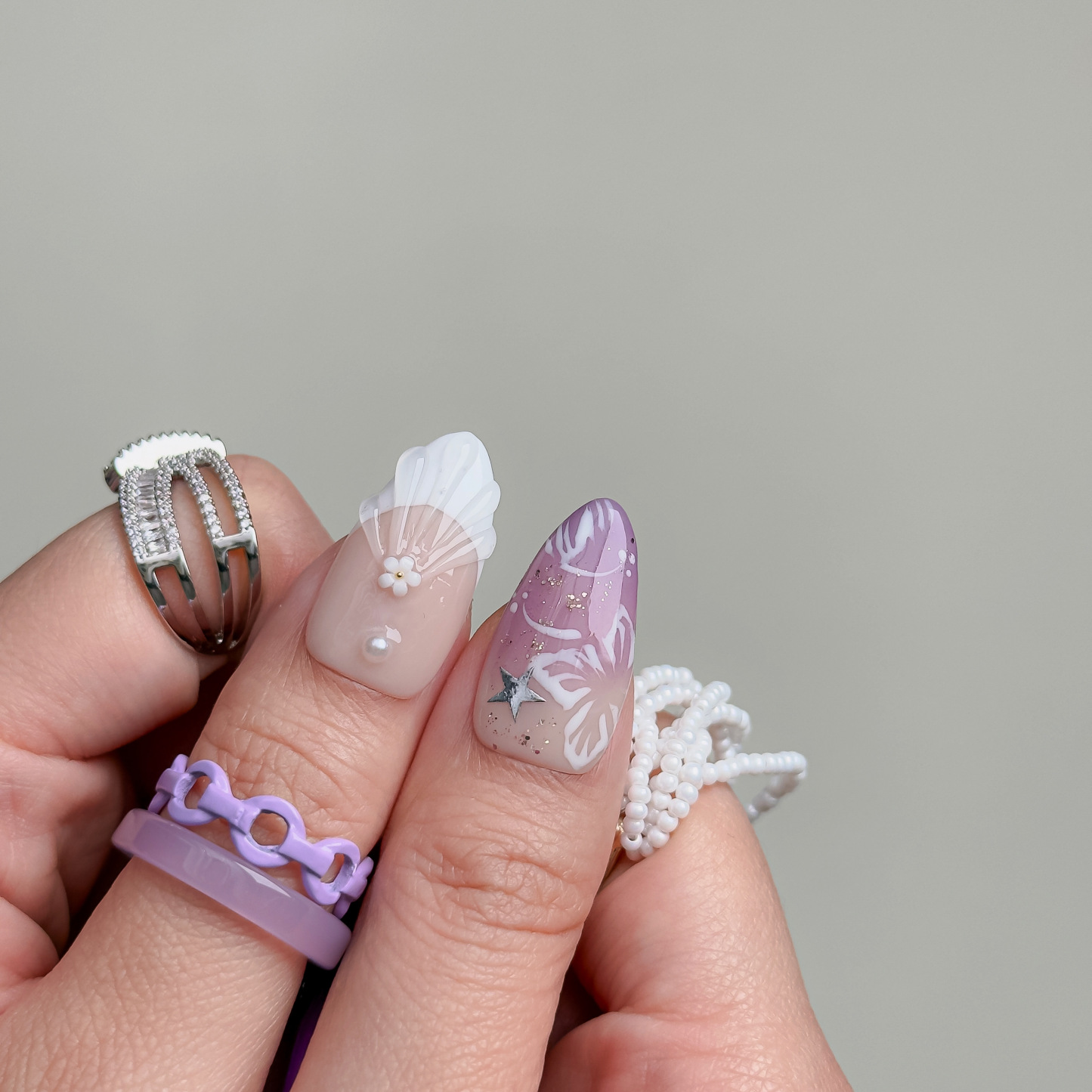 Handmade Press-On Nails – Nailfairy Almond Shape with Shell, Butterfly, Floral & Star Design, Reusable with Free Application Kit Included