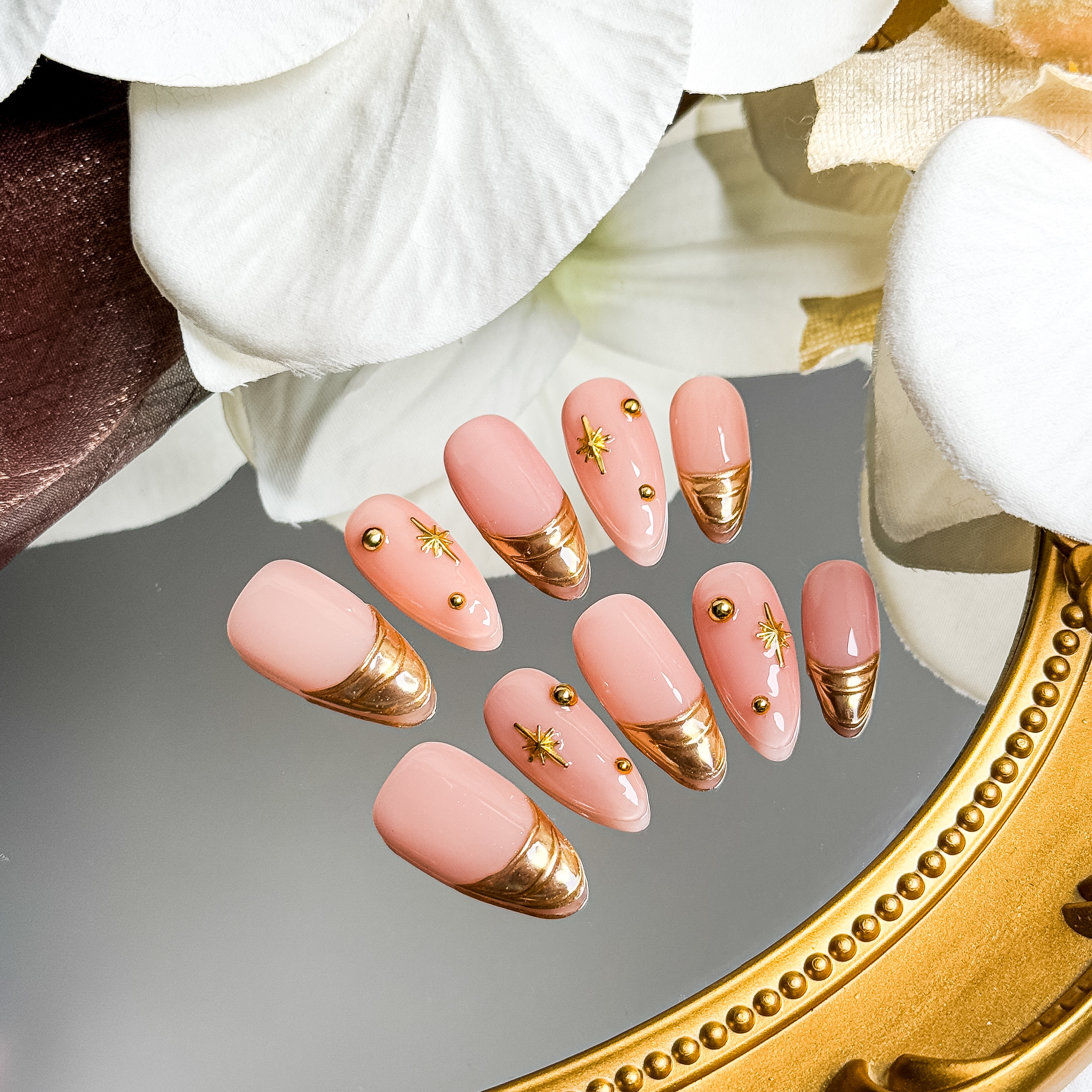 Handmade Press-On Nails – Nailfairy Elegant Nude with Gold French Tips – Custom-Made, Reusable with Free Application Kit Included