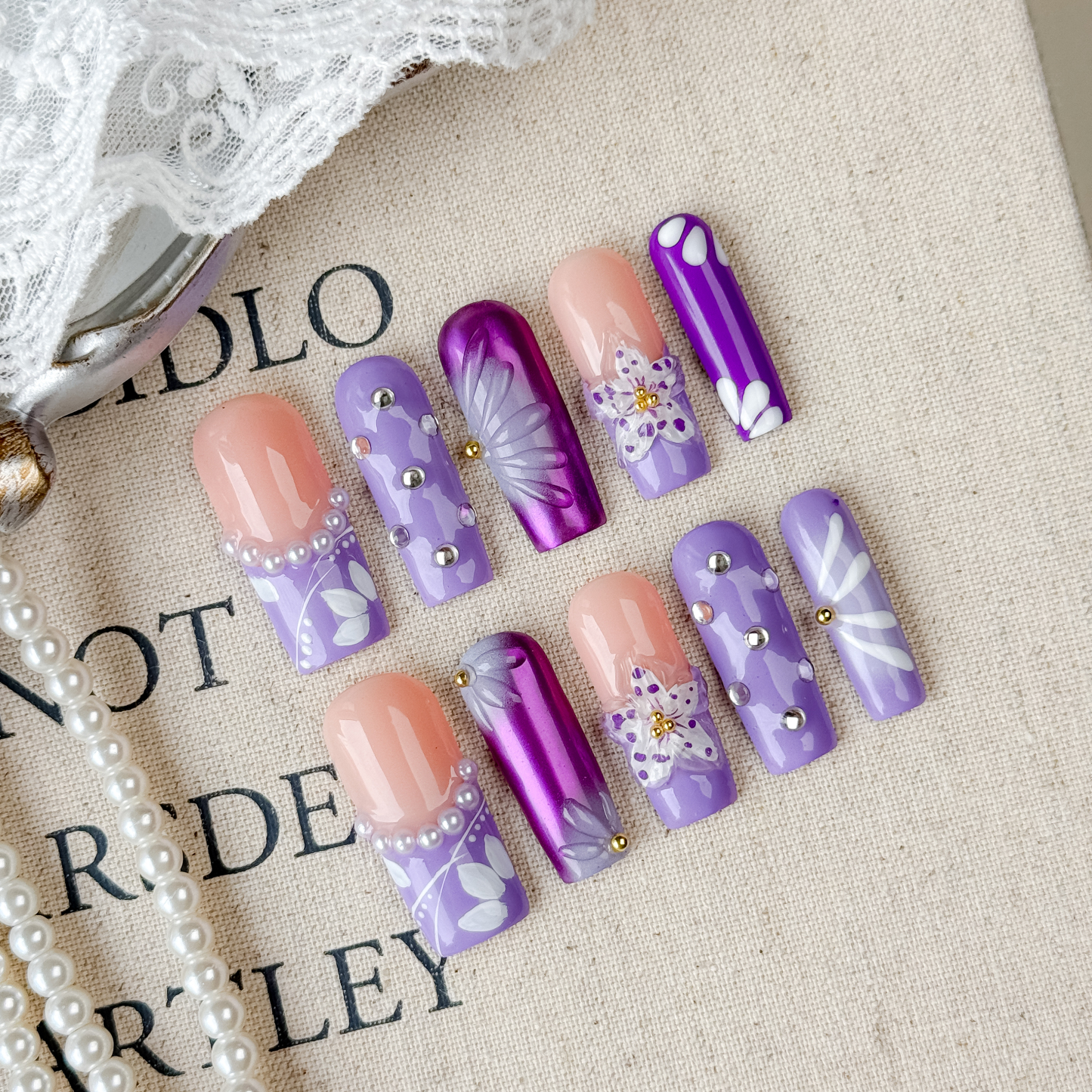 Nail Fairy Handmade Press on Nail- Nailfairy Adorable Hand - Made Press - On Nails: Lavender Floral Nail 