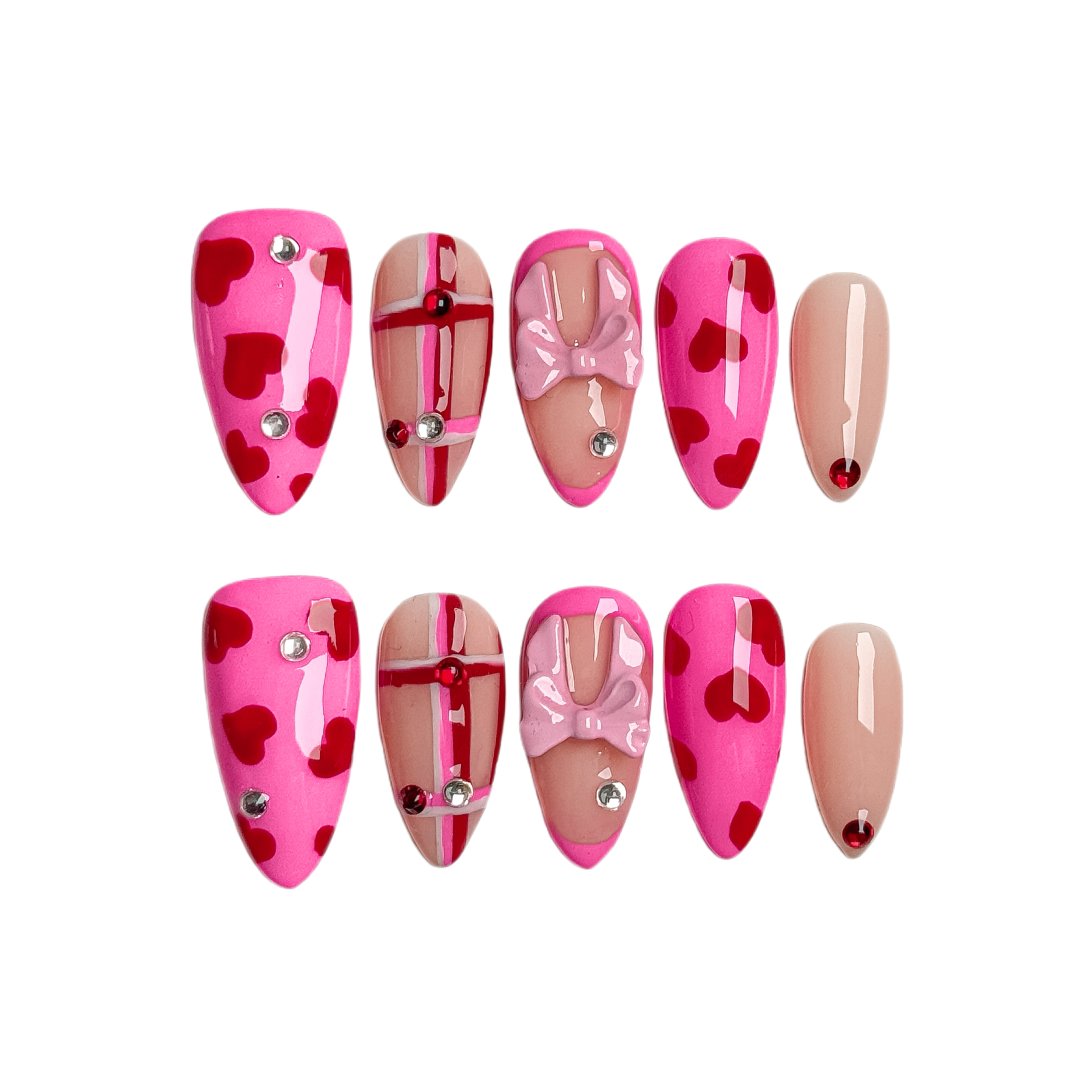 Handmade Press-On Nails – Nailfairy Sweet Pink with Heart & Bow Design – Custom-Made, Reusable with Free Application Kit Included